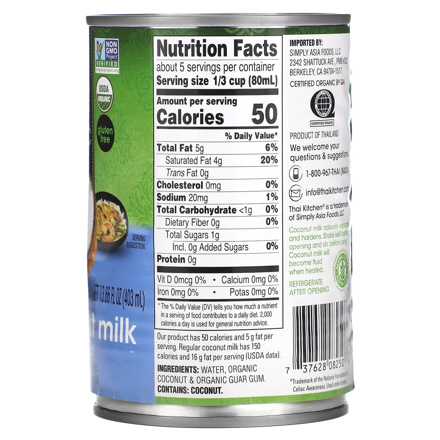 Thai Kitchen, Lite Coconut Milk, Unsweetened, 13.66 fl oz (403 ml) - Image 2