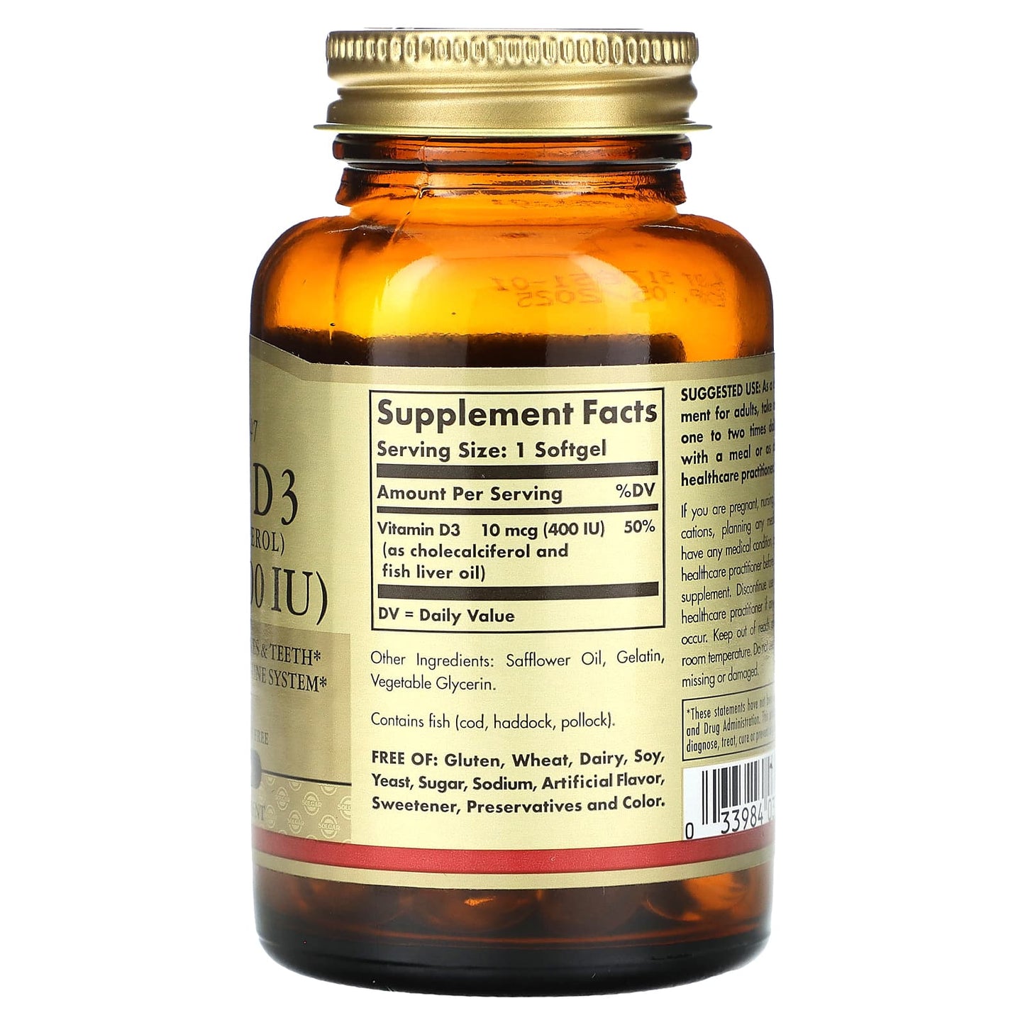 Solgar, Vitamin D3 (Cholecalciferol), 10 mcg (400 IU), 100 Softgels - Image 2