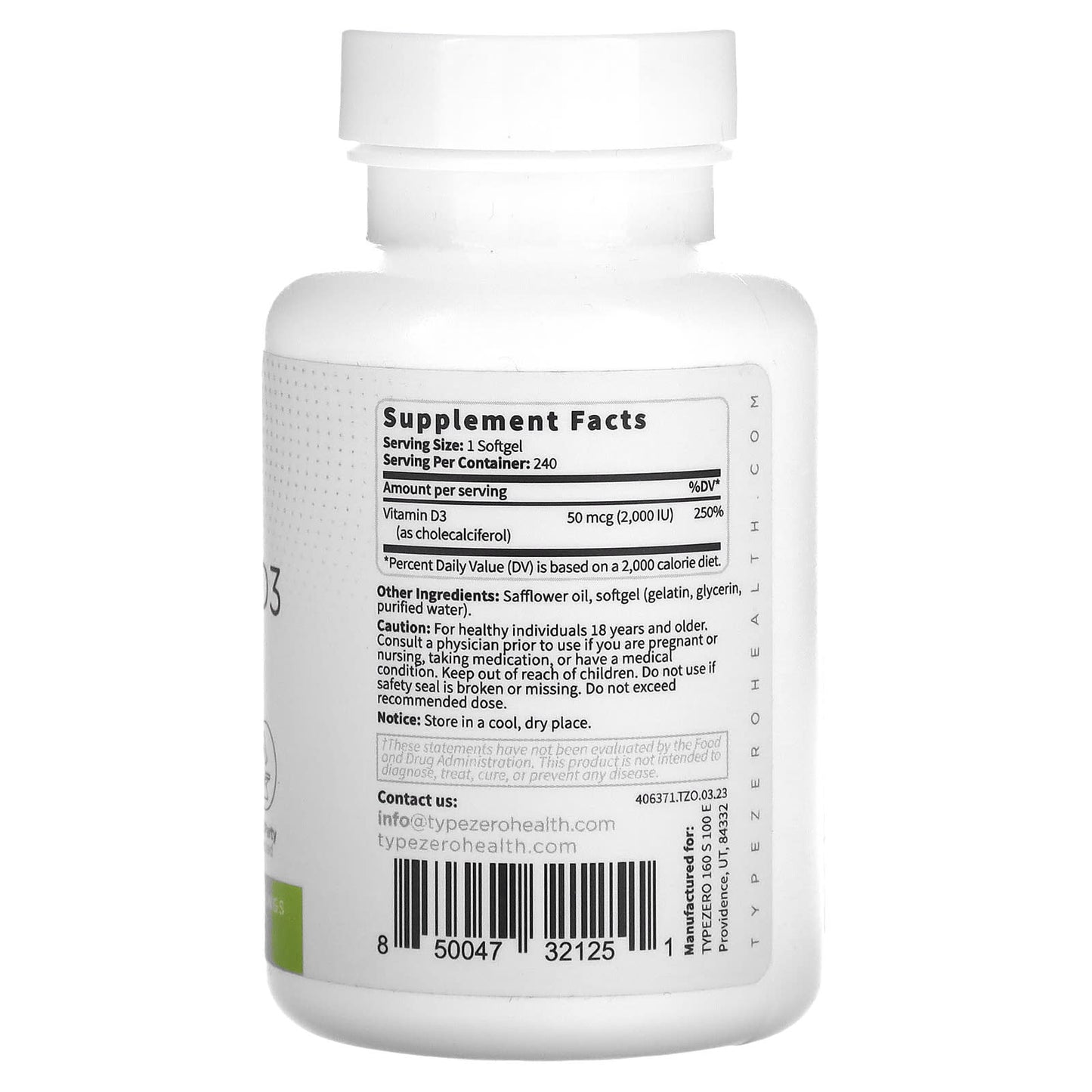 TypeZero, Clean, Vitamin D3, 2,000 IU, 240 Softgels - Image 2