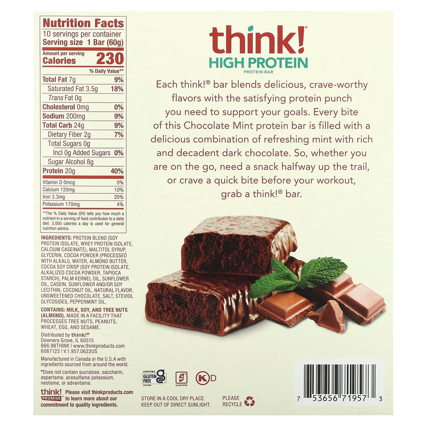 Think !, High Protein Bars, Chocolate Mint, 10 Bars, 2.1 oz (60 g) Each - Image 2