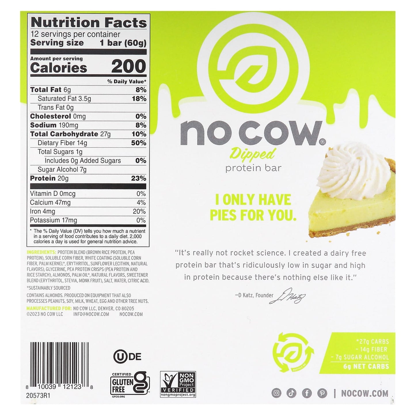 No Cow, Dipped Protein Bar, Key Lime Pie, 12 Bars, 2.12 oz (60 g) Each - Image 2