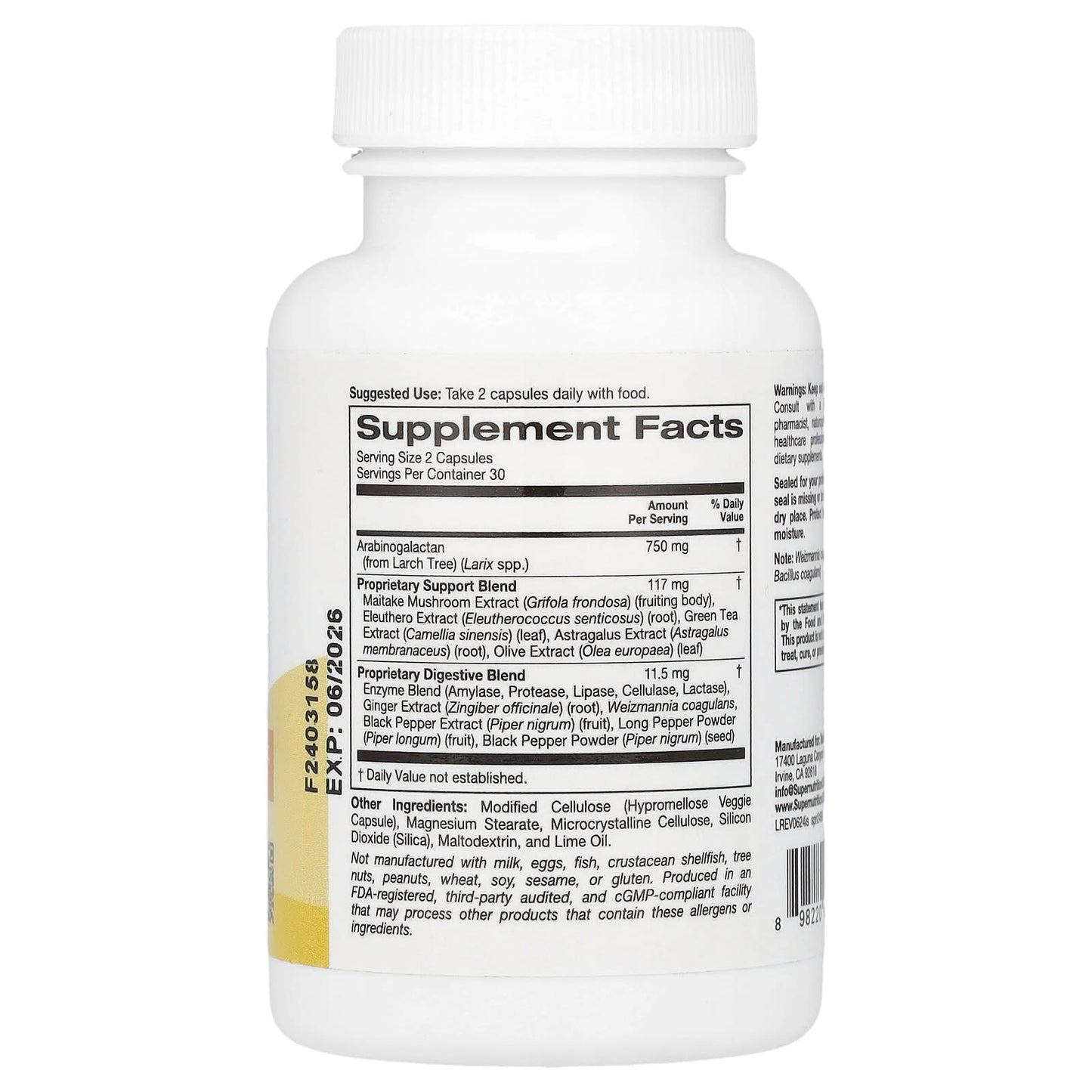 Super Nutrition, Immune Support with Arabinogalactan, Maitake Mushroom Extract, Eleuthero Extract, and Green Tea Extract, 60 Veggie Capsules