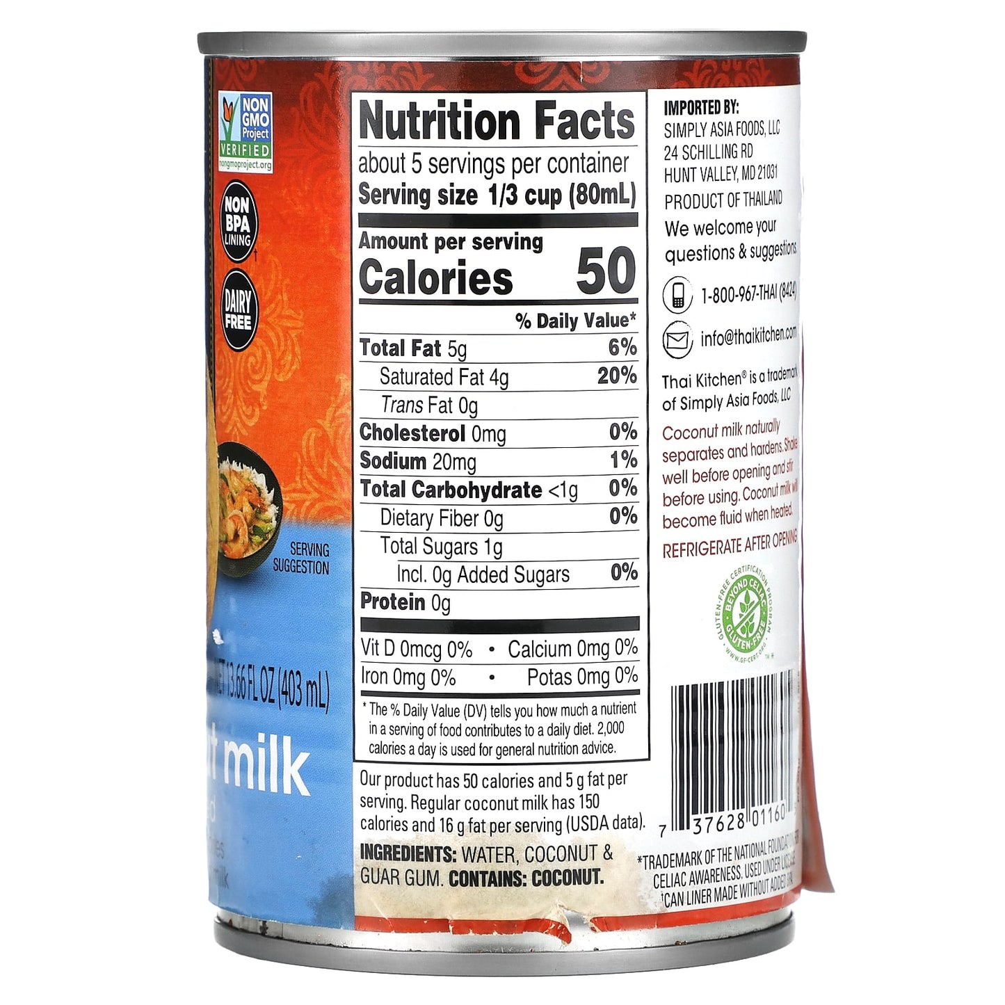 Thai Kitchen, Lite Coconut Milk, Unsweetened, 13.66 fl oz (403 ml) - Image 2