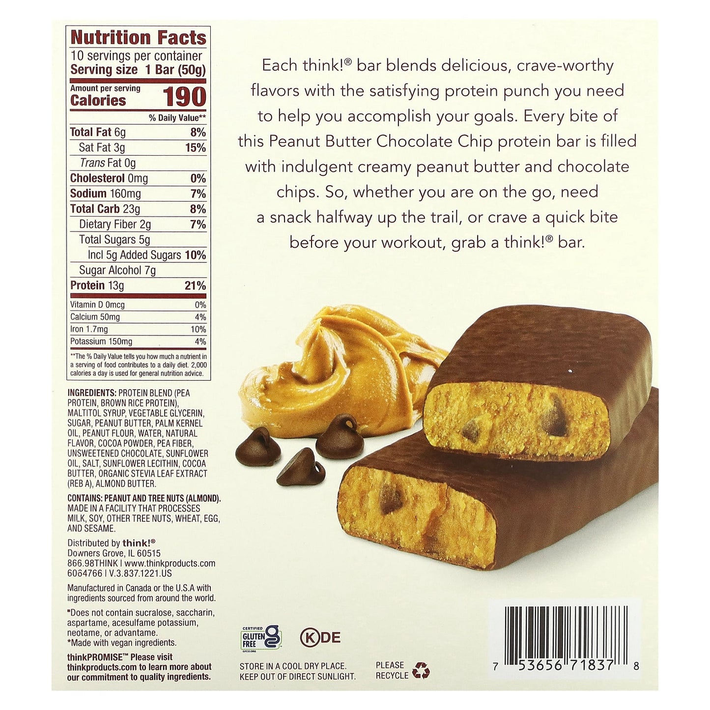 Think !, High Protein Bars, Peanut Butter Chocolate Chip, 10 Bars, 1.76 oz (50 g) Each - Image 2