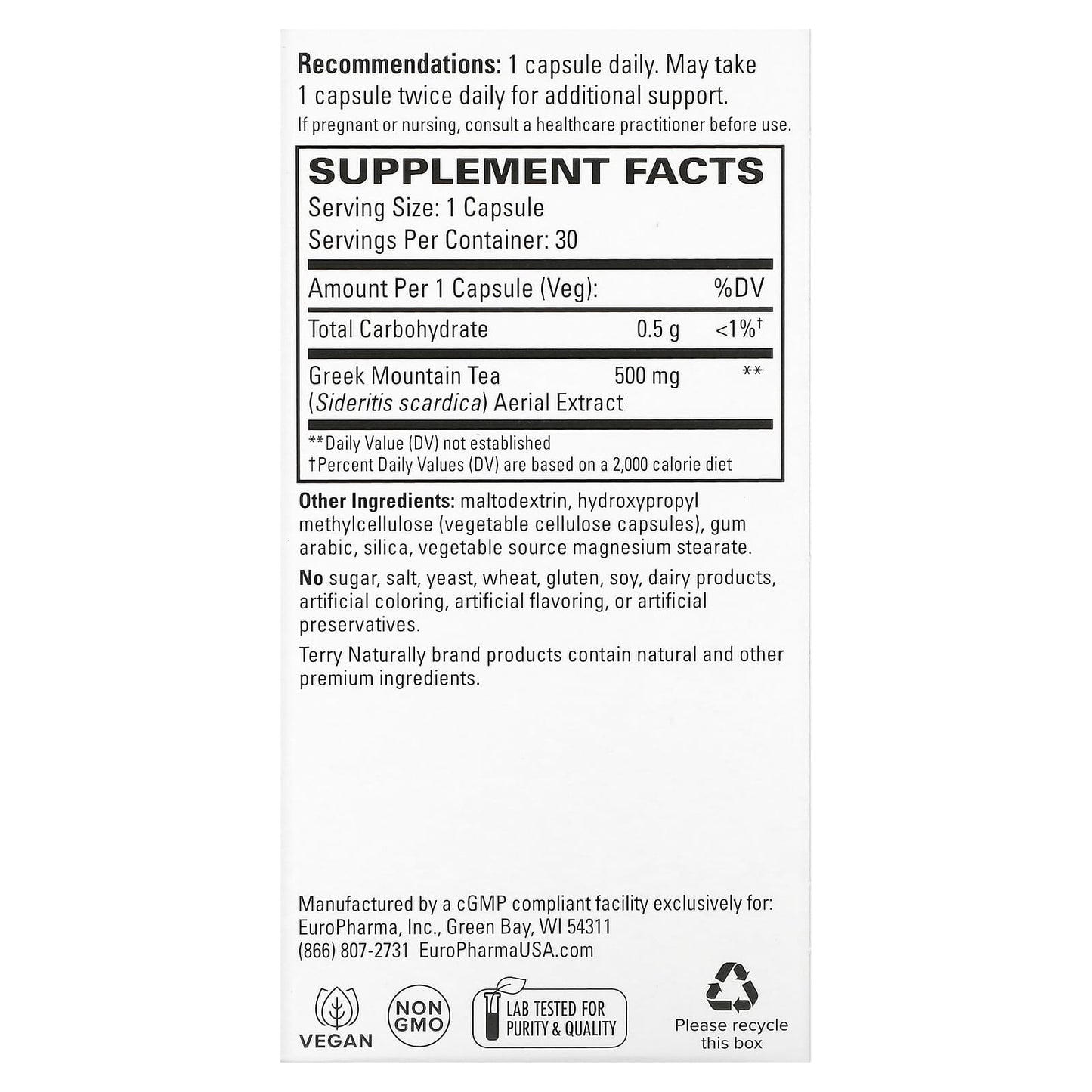 Terry Naturally, Greek Mountain Tea, 30 Capsules (500 mg per Capsule)