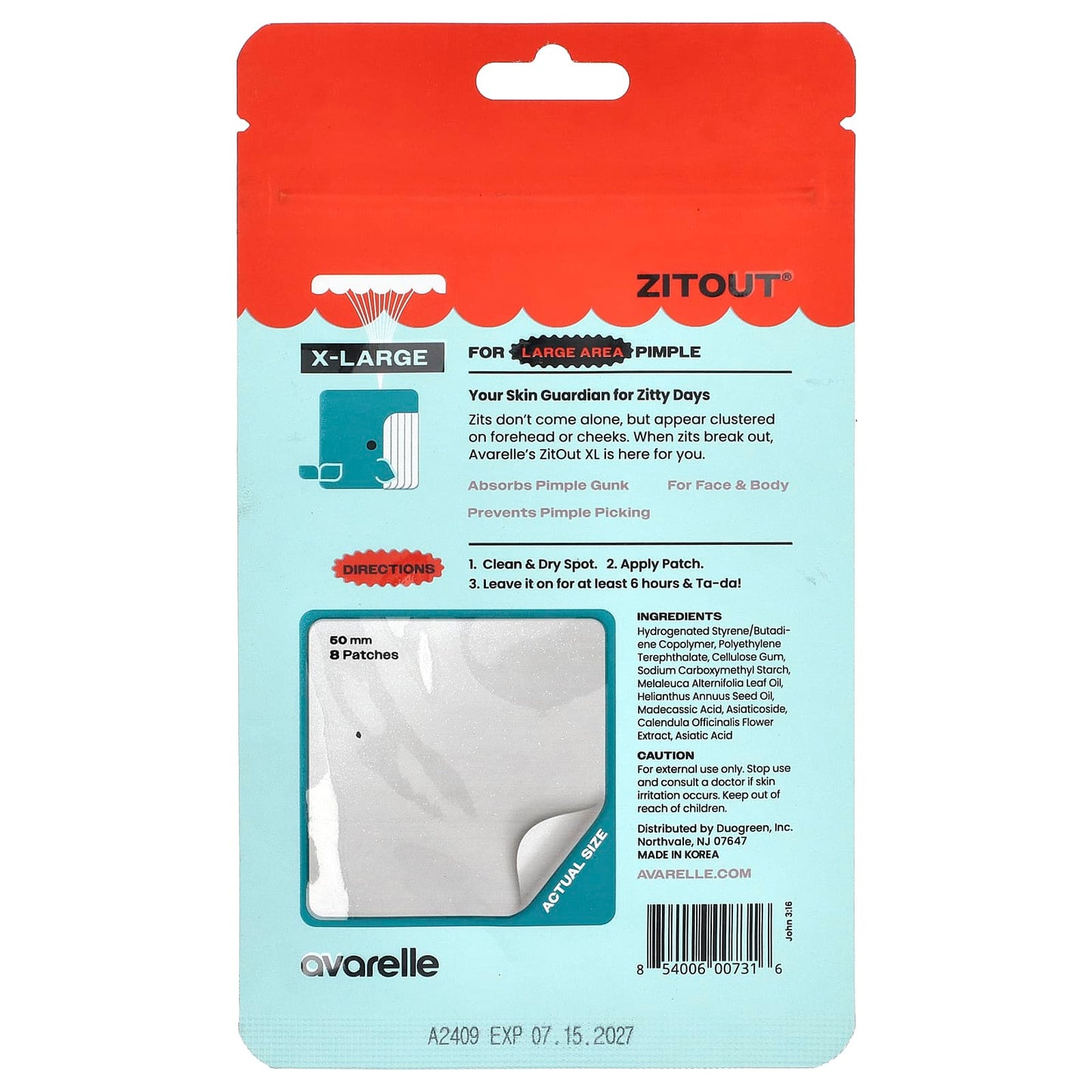 Avarelle ZitOut XL Hydrocolloid Pimple Patches for Large Areas - 8 Patches - Image 2