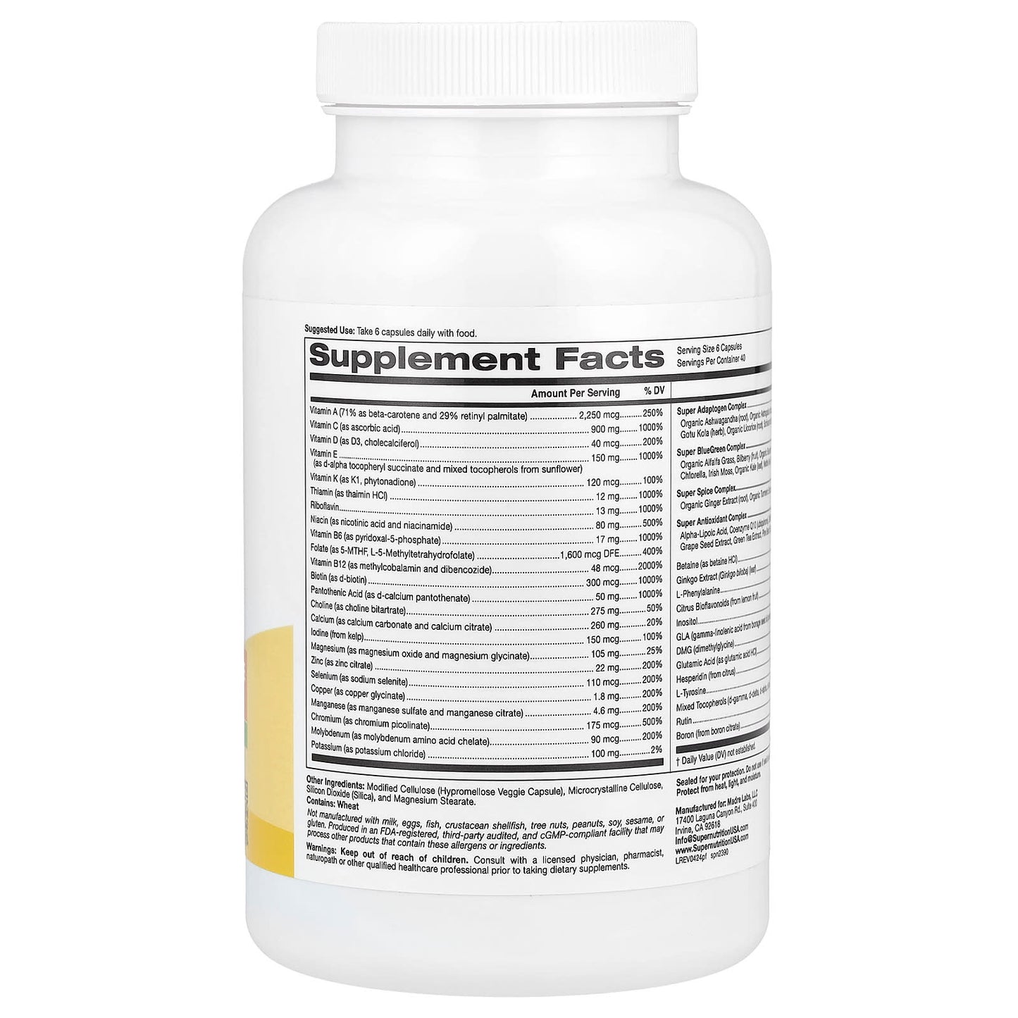 Super Nutrition, Perfect Family Multivitamin + Vitamin A, Methyl B12, Folate, Vitamin C, and Biotin, Iron Free, 240 Veggie Capsules - Image 2