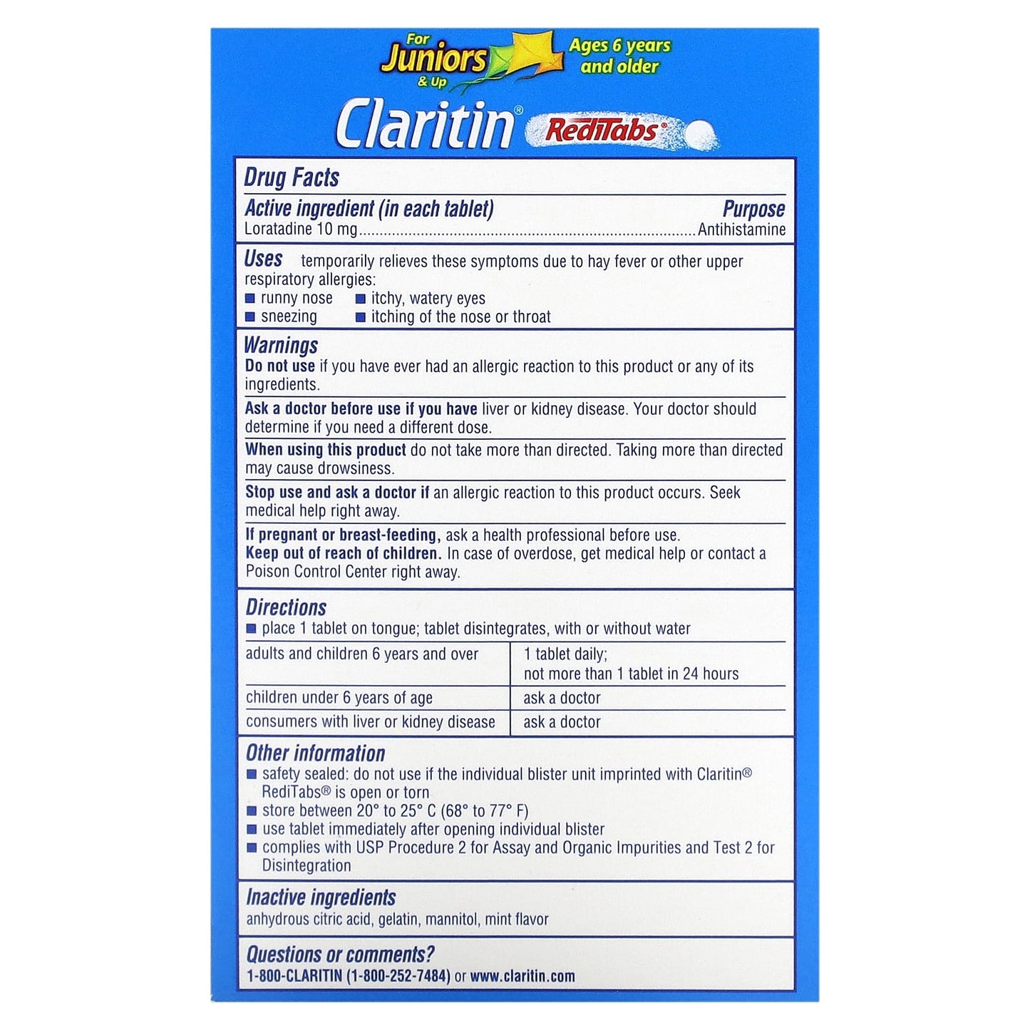 Claritin RediTabs Non-Drowsy Allergy Relief for Juniors 6+, 10 mg, 30 Orally Disintegrating Tablets - Image 2