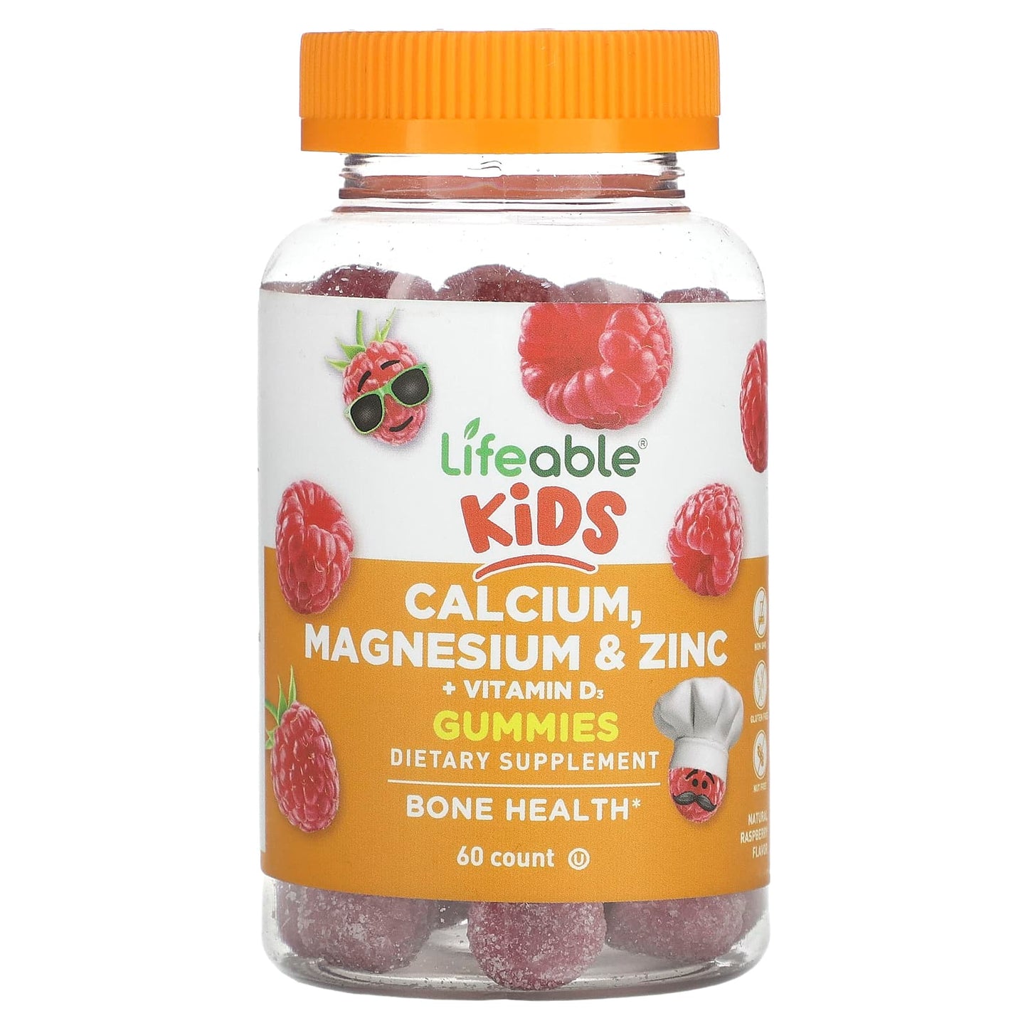 Lifeable, Kids Calcium, Magnesium & Zinc + Vitamin D3 Gummies, Natural Raspberry, 60 Gummies - Image 1