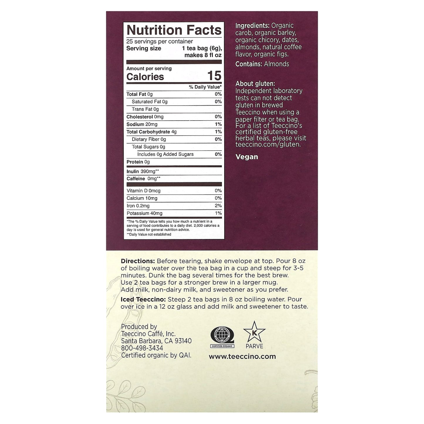 Teeccino, Roasted Herbal Tea, Java, Caffeine Free, 25 Tea Bags, 5.3 oz (150 g) - Image 2