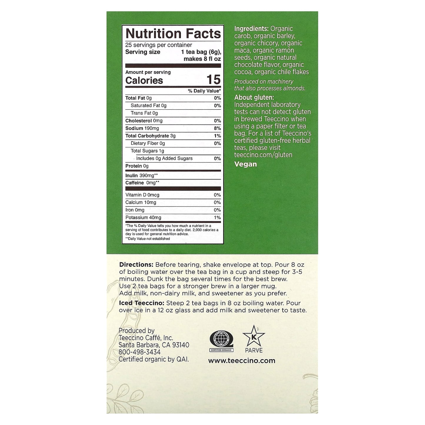 Teeccino, Organic Roasted Herbal Tea, Maca Chocolate, Caffeine Free, 25 Tea Bags, 5.3 oz (150 g) - Image 2