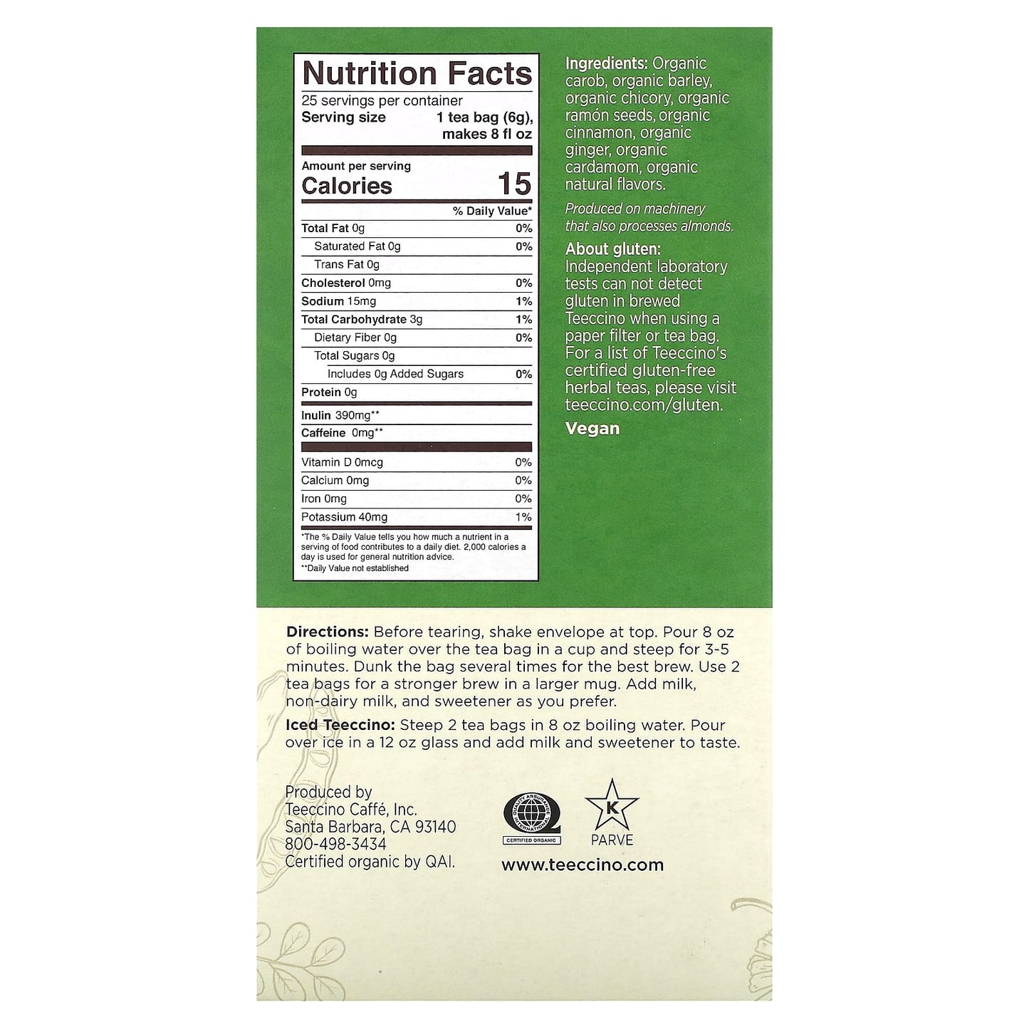 Teeccino, Organic Roasted Herbal Tea, Maya Chai, Caffeine Free, 25 Tea Bags, 5.3 oz (150 g) - Image 2