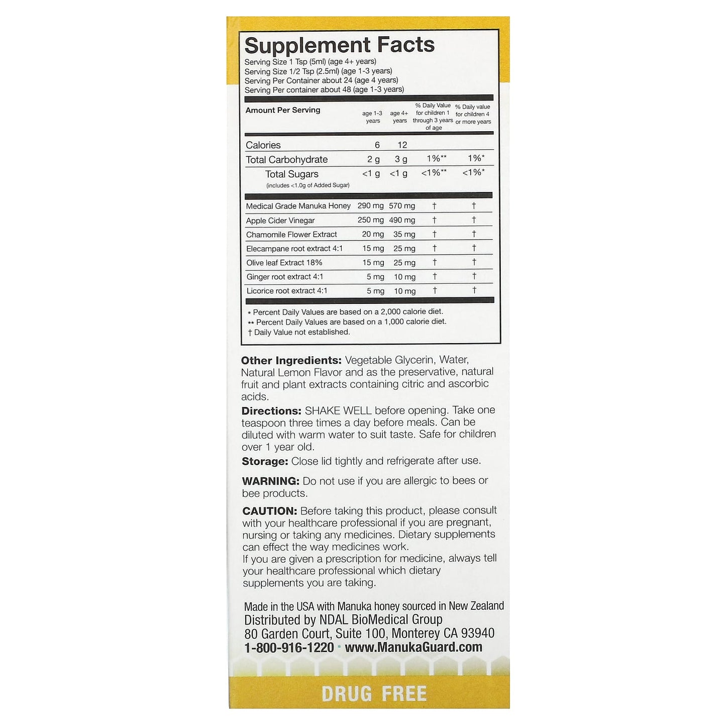 ManukaGuard, Manuka Honey, Kids Cough & Throat Syrup, Nighttime, Honey Lemon, 4 fl oz (118 ml) - Image 2