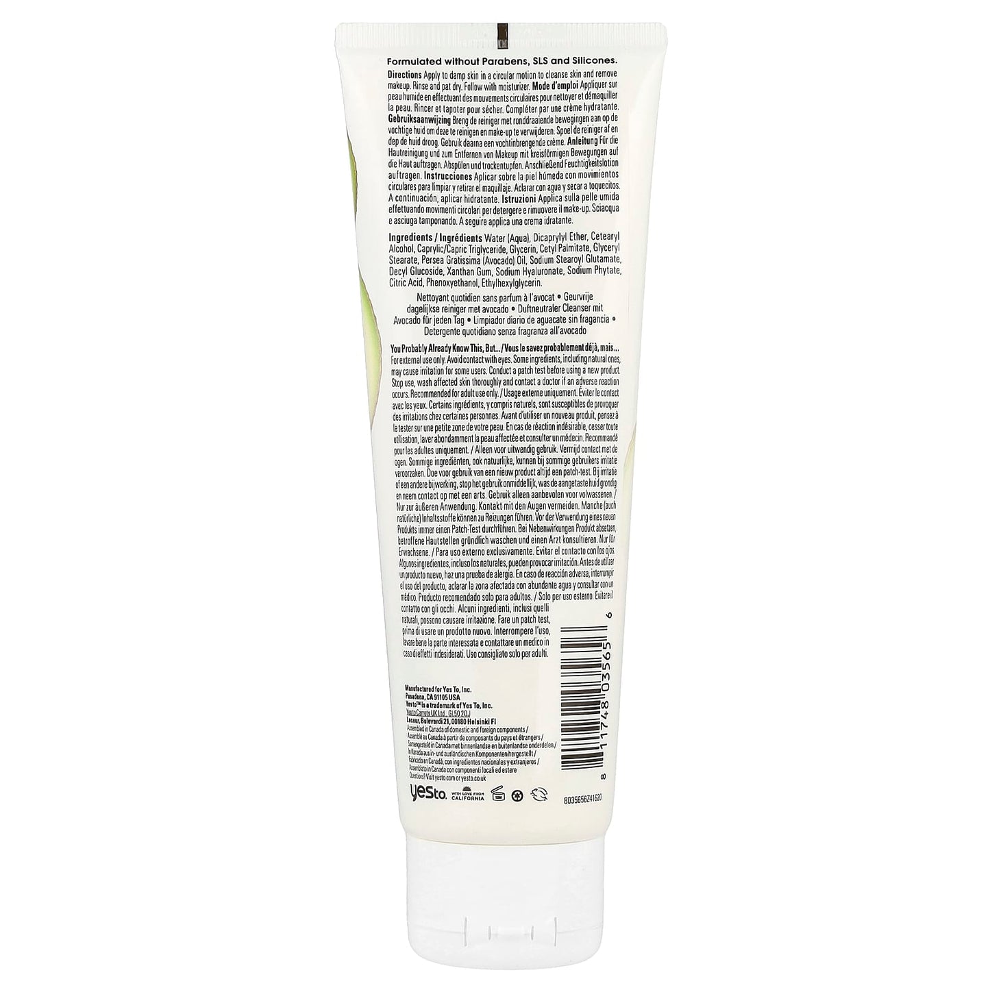 Yes To, Avocado Daily Cream Cleanser, Dry Skin, Fragrance-Free, 4 fl oz (118 ml) - Image 2