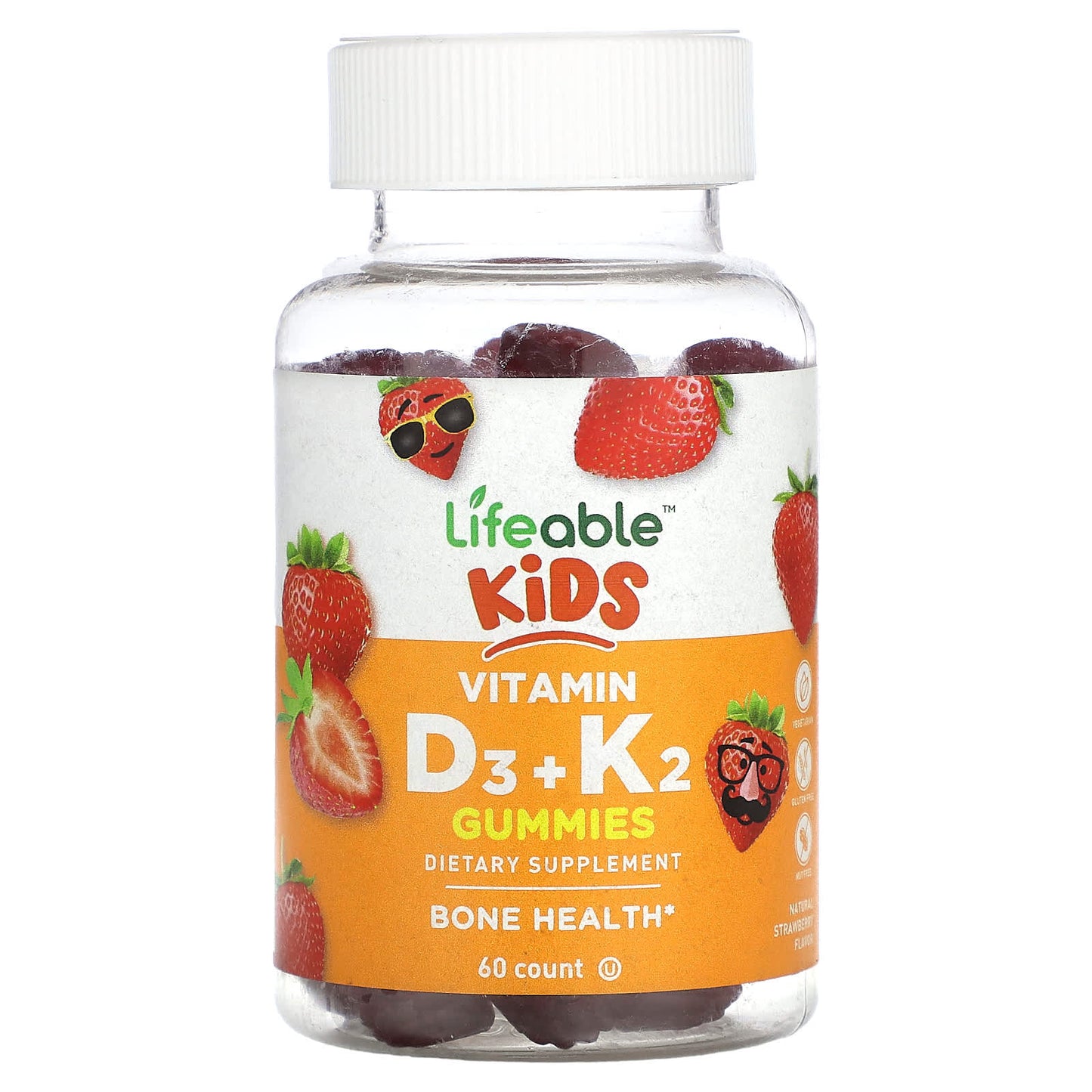 Lifeable, Kids Vitamin D3 + K2 Gummies, Natural Strawberry, 60 Gummies - Image 1