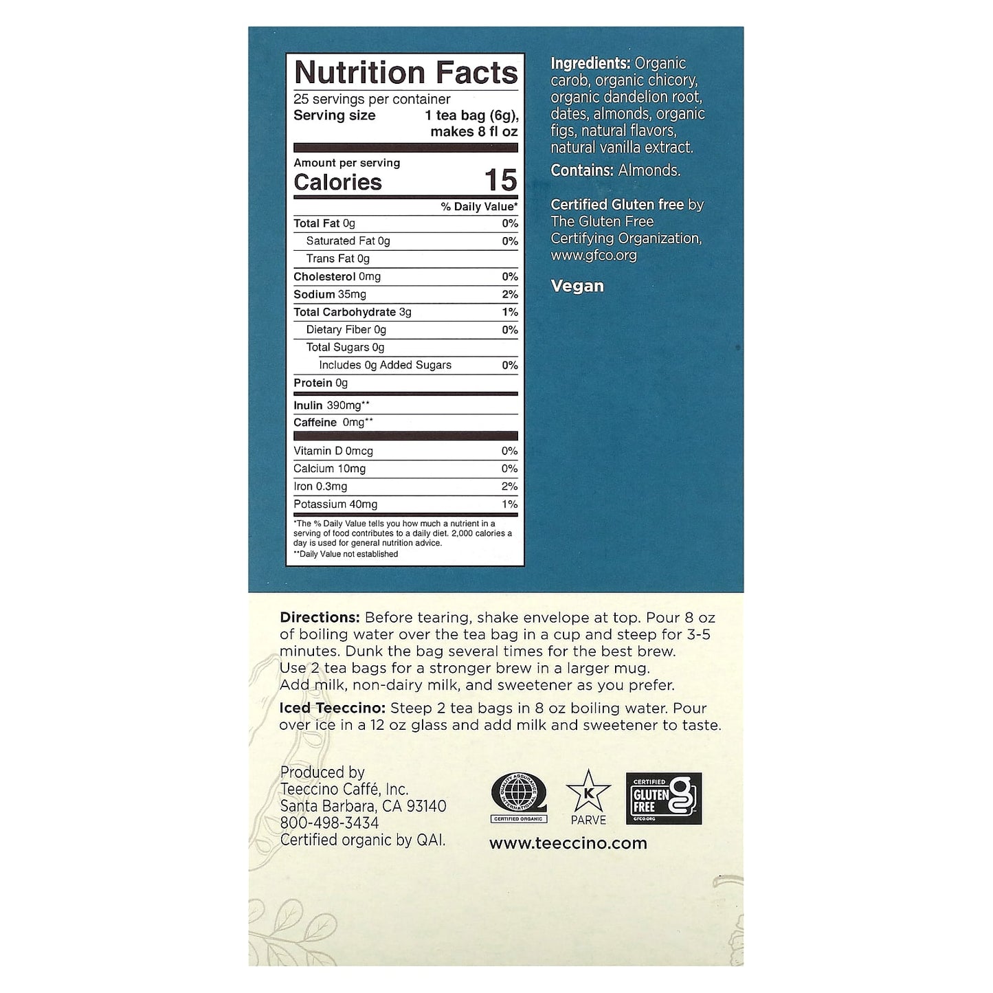 Teeccino, Roasted Herbal Tea, Dandelion Vanilla Nut, Caffeine Free, 25 Tea Bags, 5.3 oz (150 g) - Image 2