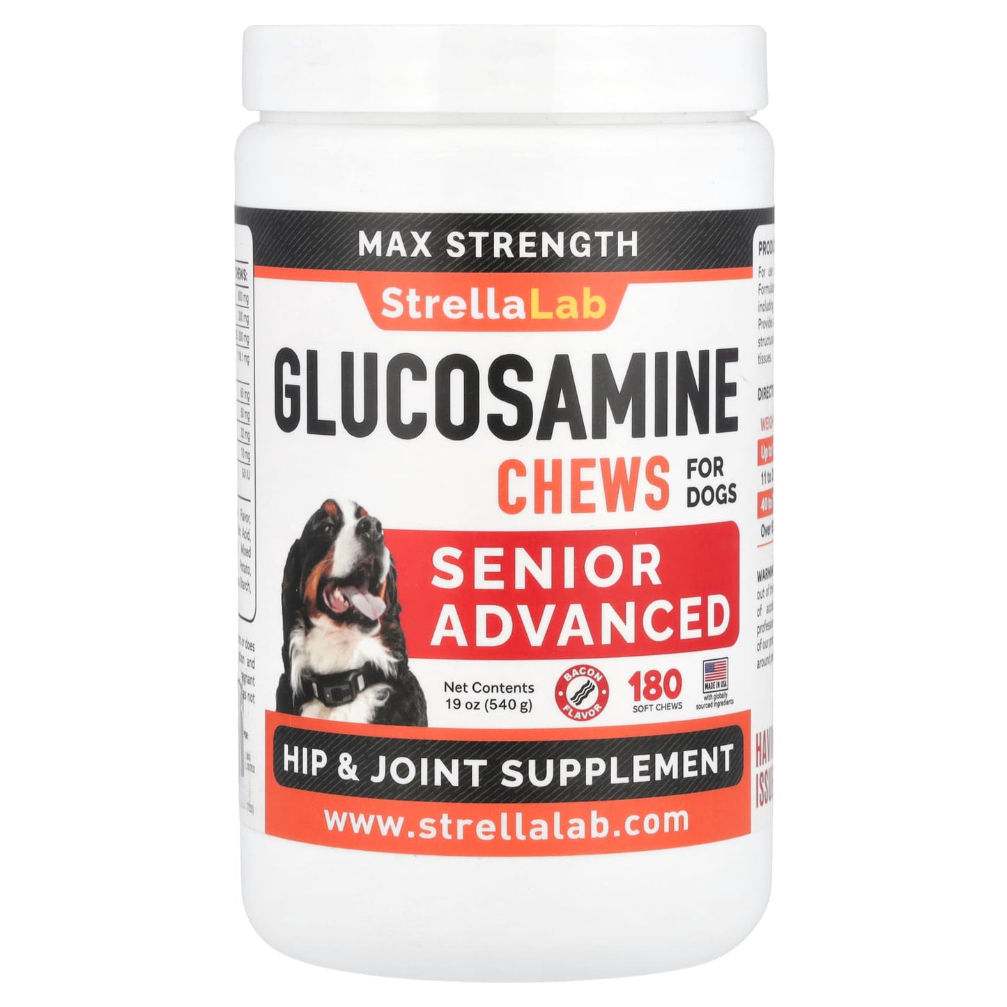 StrellaLab, Max Strength Glucosamine Chews, For Dogs, Senior Advanced, Bacon, 180 Chews, 19 oz (450 g) - Image 1