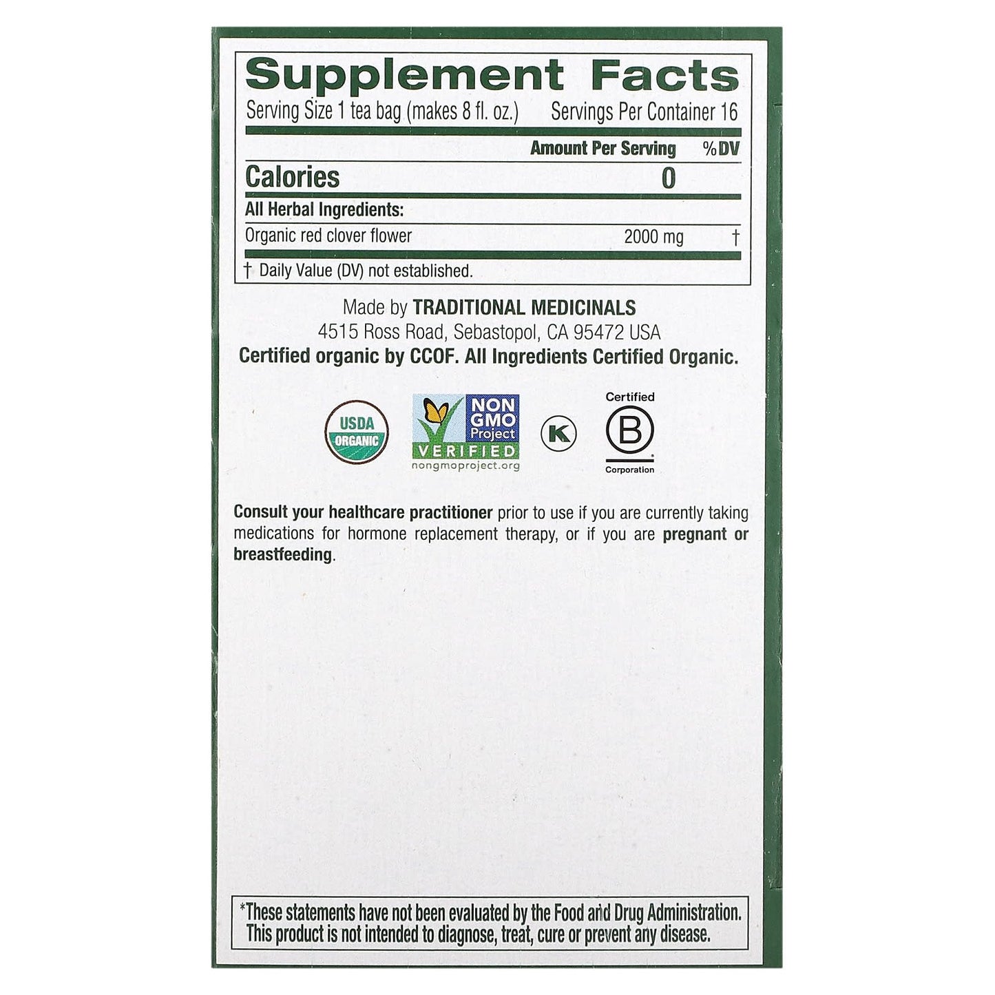 Traditional Medicinals, Organic Red Clover, Caffeine Free, 16 Wrapped Tea Bags, 1.13 oz (32 g) - Image 2