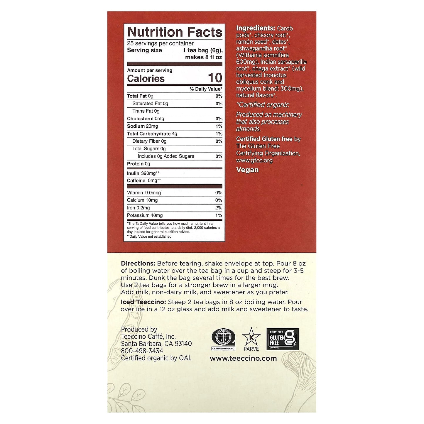 Teeccino, Organic Mushroom Herbal Tea, Chaga Ashwagandha, Butterscotch Cream, Caffeine Free, 25 Tea Bags, 5.3 oz (150 g) - Image 2