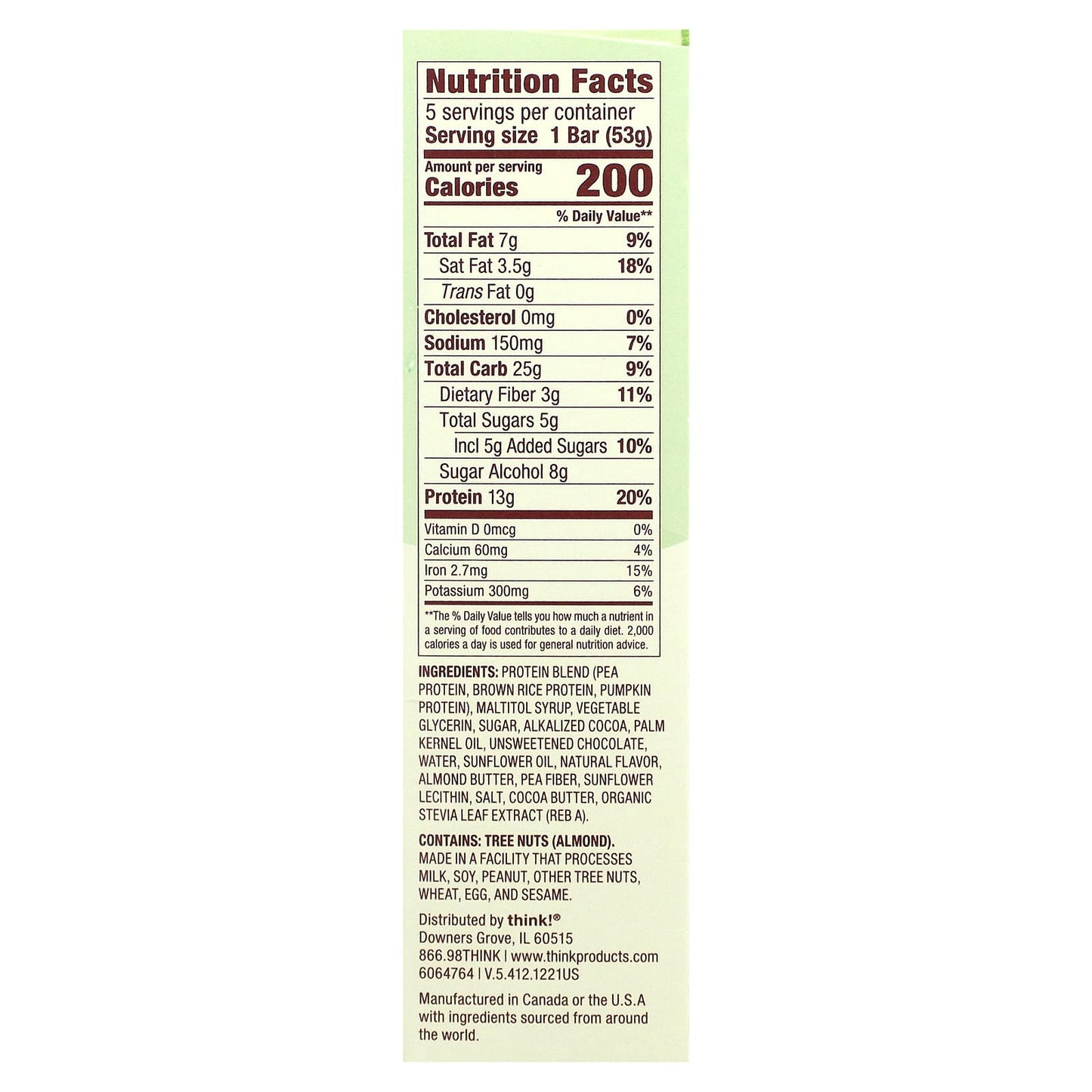 Think !, High Protein Bars, Chocolate Mint, 5 Bars, 1.86 oz (53 g) Each - Image 2