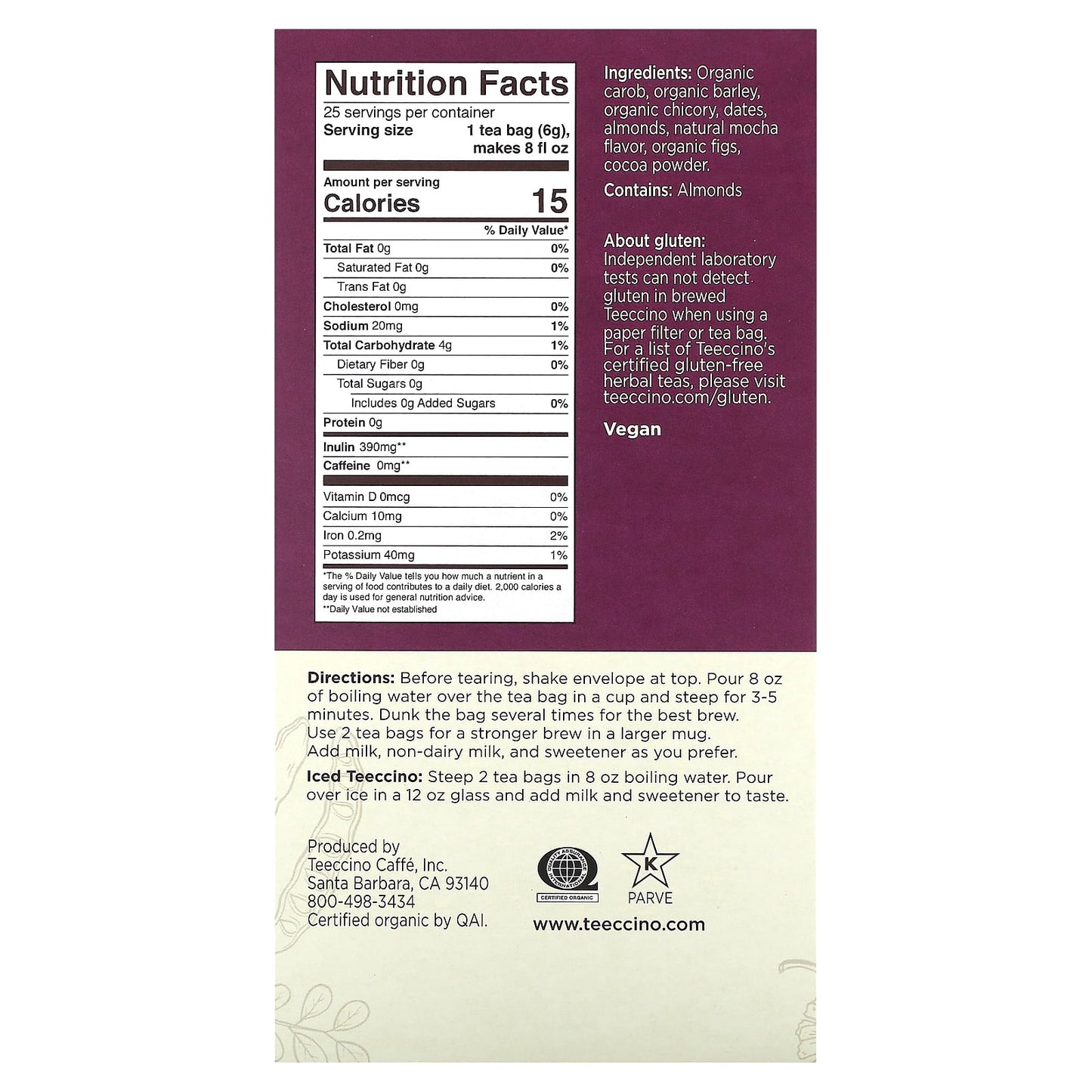 Teeccino, Roasted Herbal Tea, Mocha, Caffeine Free, 25 Tea Bags, 5.3 oz (150 g) - Image 2
