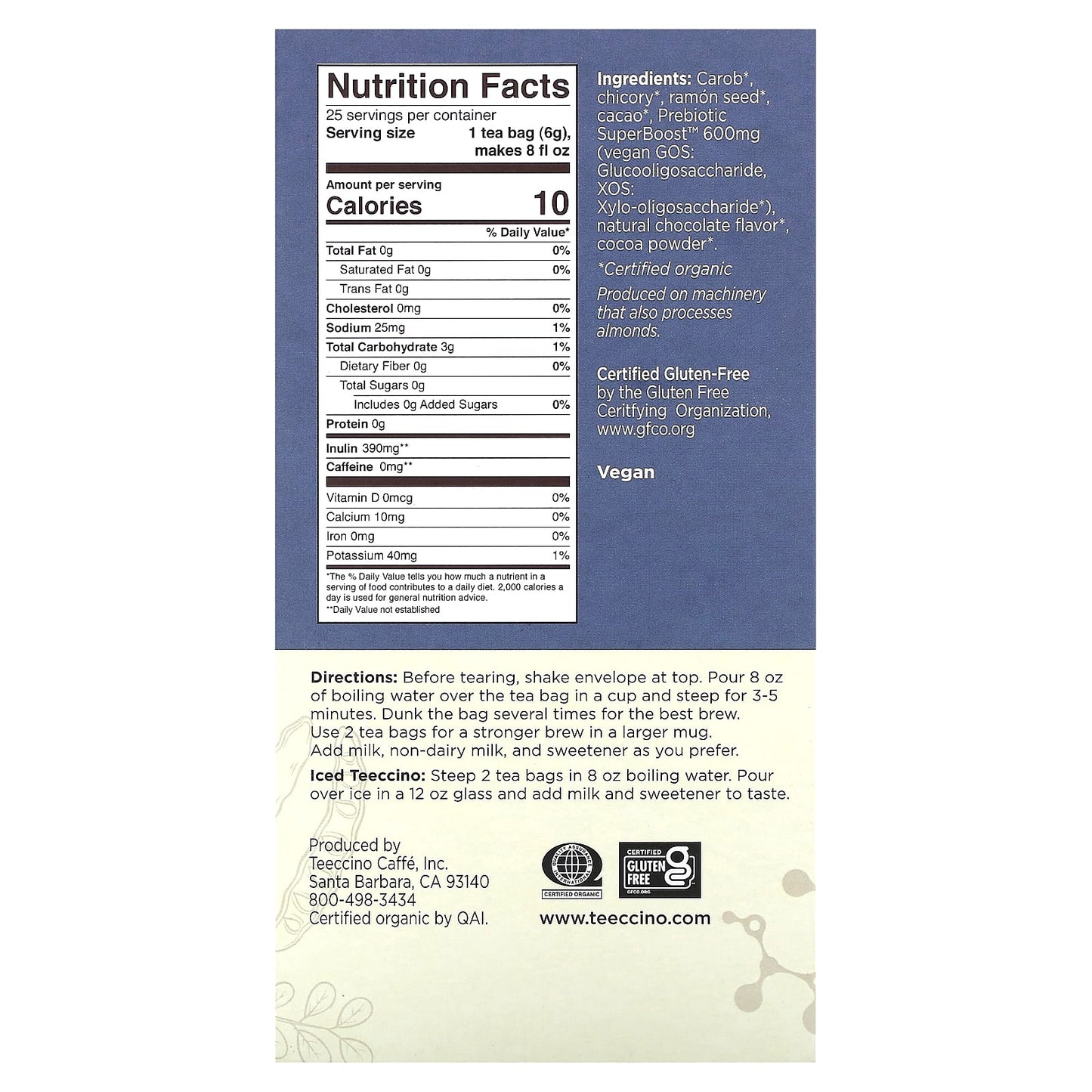 Teeccino, Prebiotic Herbal Tea, Dark Chocolate, Caffeine Free, 25 Tea Bags, 5.3 oz (150 g) - Image 2
