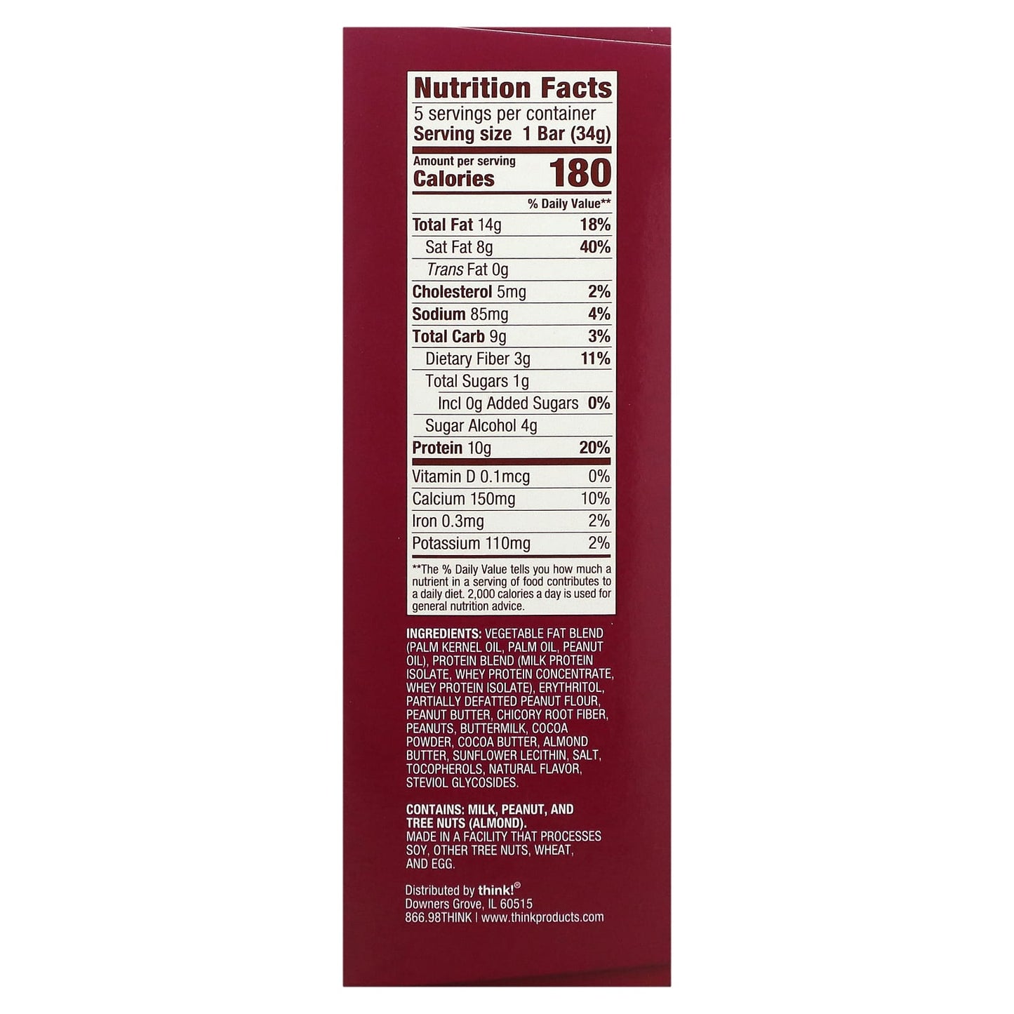 Think !, Keto Protein Bars, Chocolate Peanut Butter Cookie Dough, 5 Bars, 1.2 oz (34 g) Each - Image 2