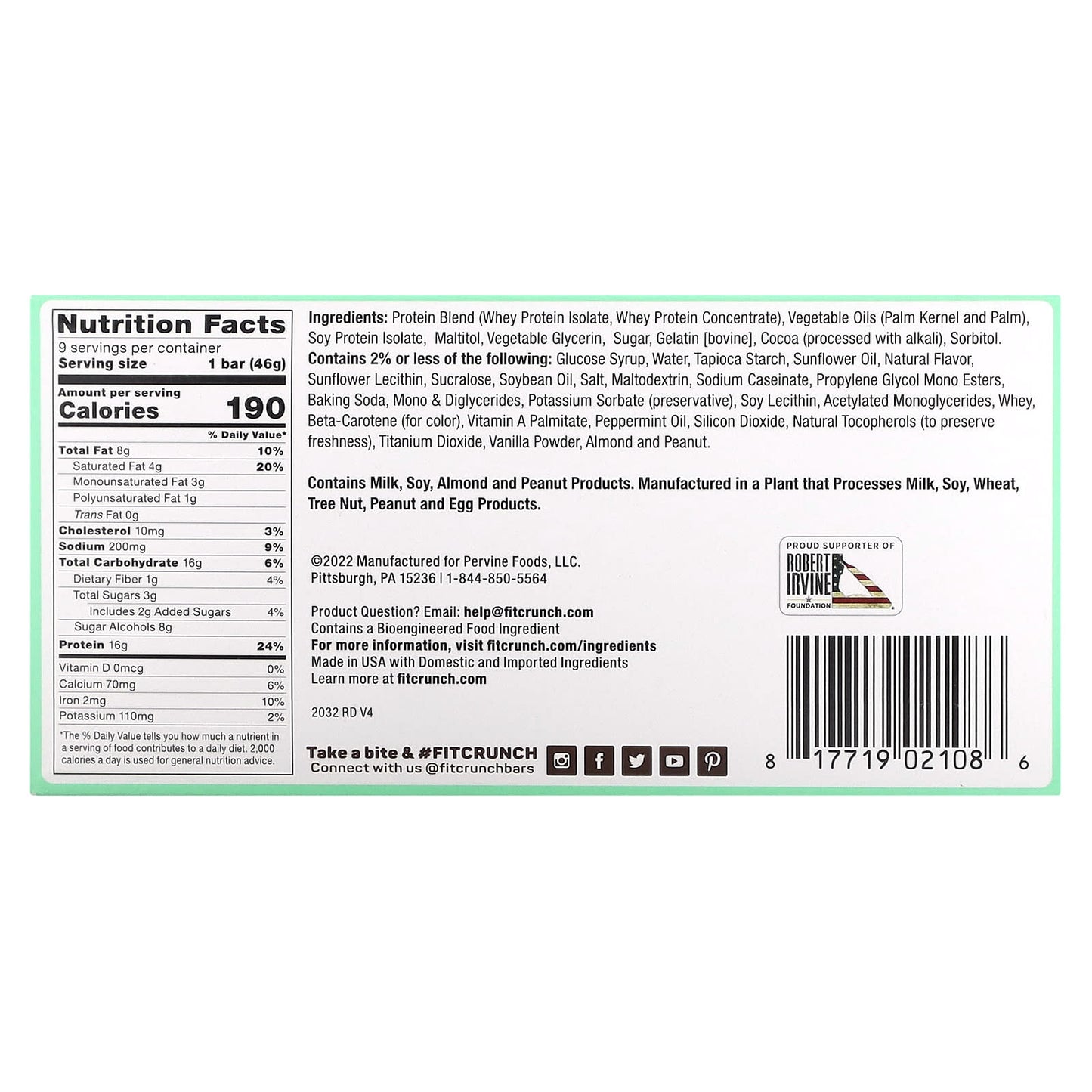 High Protein Baked Bars by FITCRUNCH - 9 Mint Chocolate Chip Bars (1.62 oz Each) - Image 2