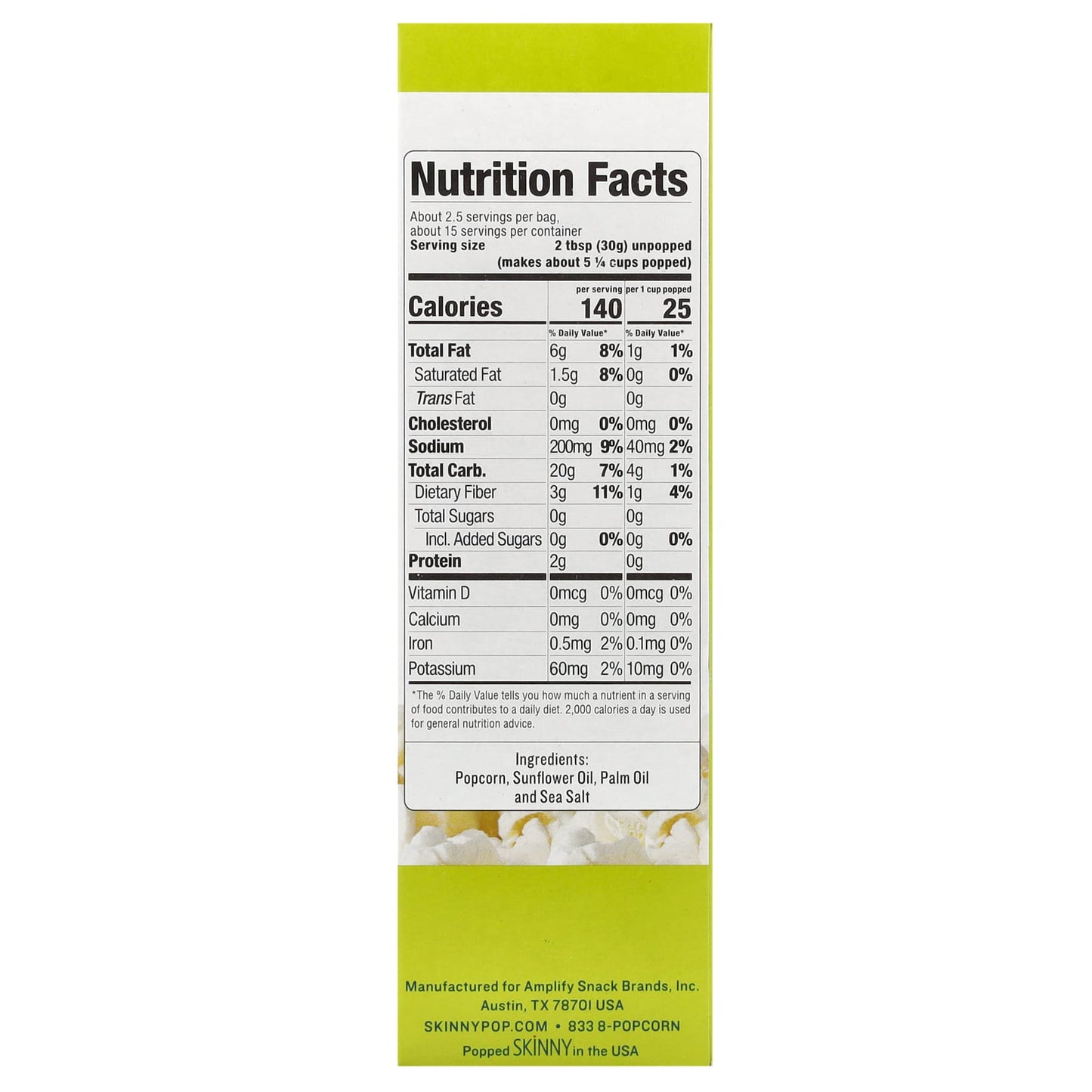 SkinnyPop, Popcorn, Sea Salt, 6 Bags, 2.8 oz (79 g) Each - Image 2