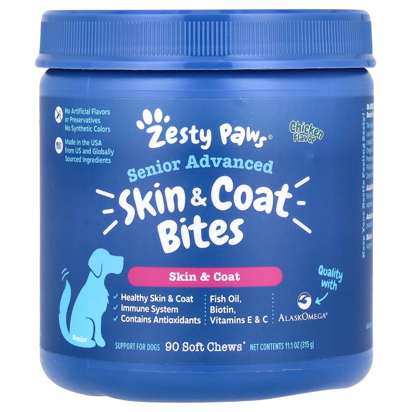 Zesty Paws, Senior Advanced, Skin & Coat Bites, For Dogs, Chicken, 90 Soft Chews, 11.1 oz (315 g) - Image 1