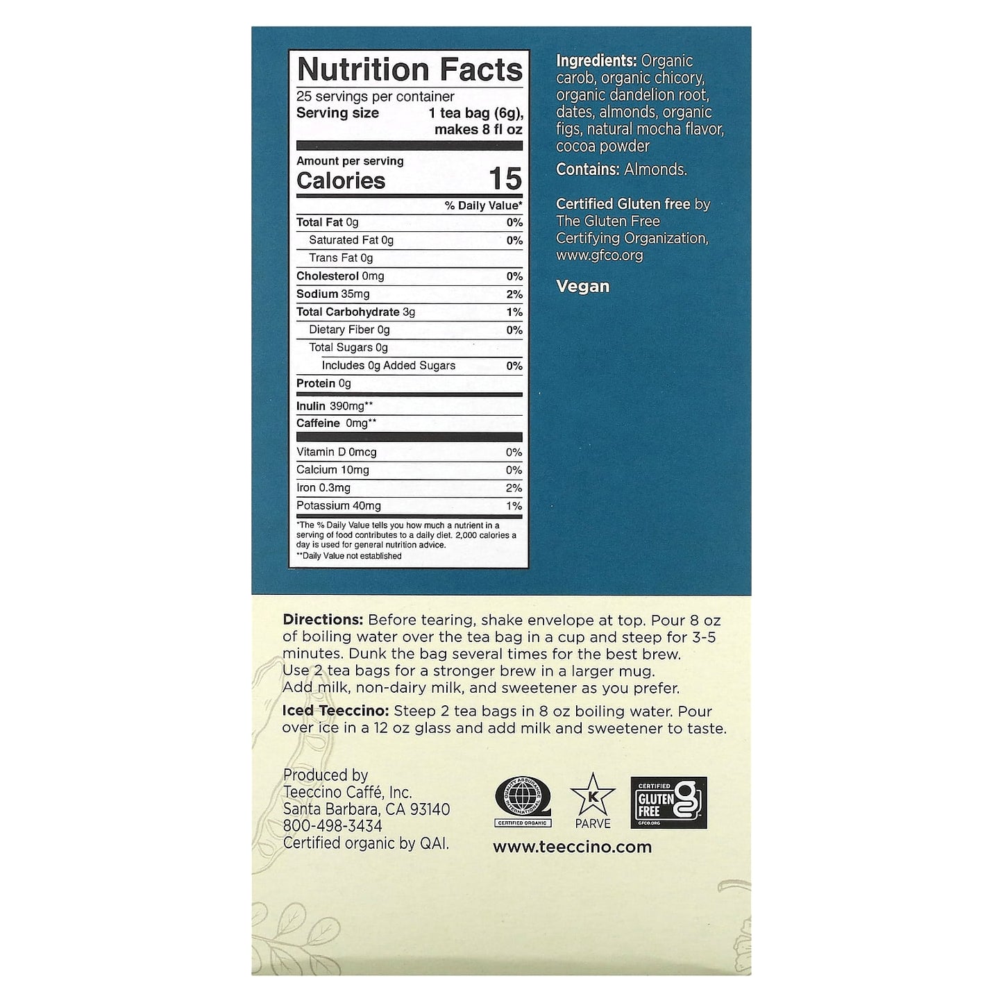 Teeccino, Roasted Herbal Tea, Dandelion Mocha, Caffeine Free, 25 Tea Bags, 5.3 oz (150 g) - Image 2