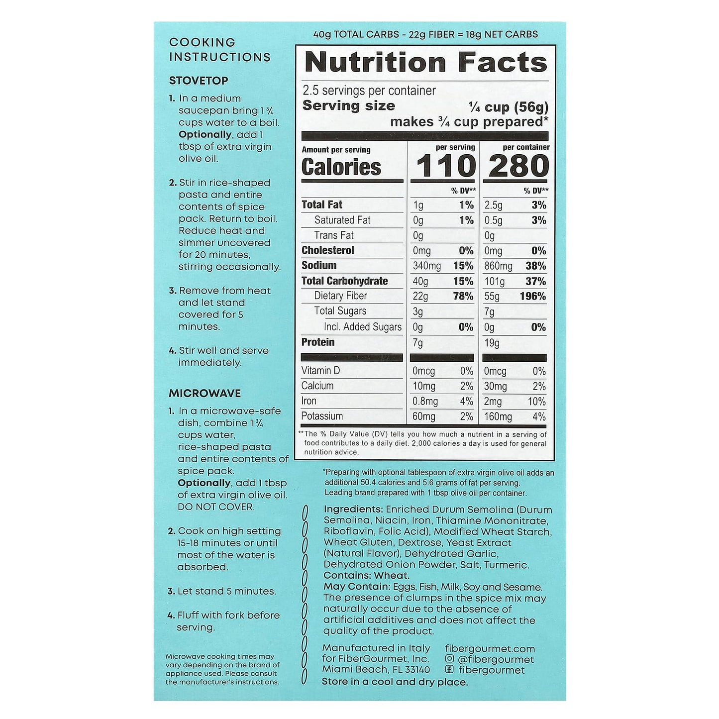 Low-Calorie, High-Fiber Riced Pasta by Fiber Gourmet, 5 oz (141g) - Image 2
