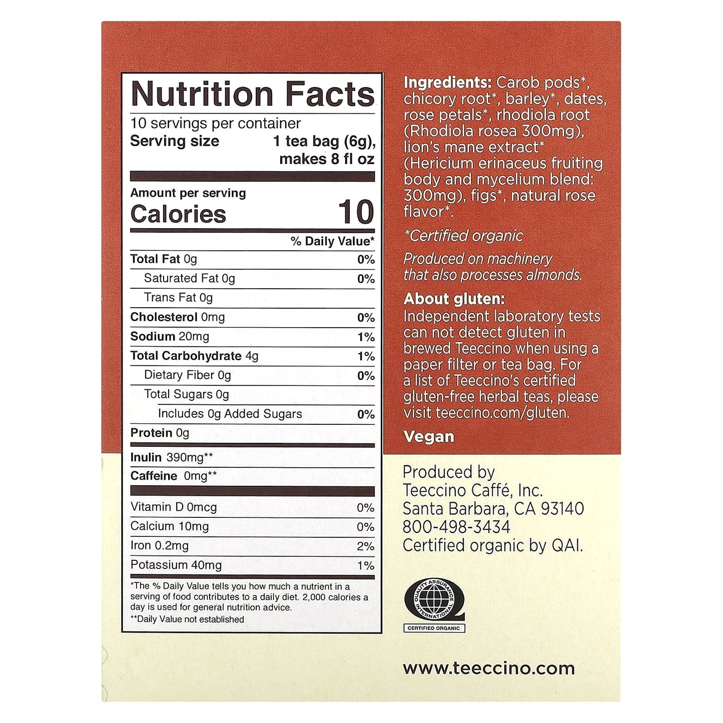 Teeccino, Mushroom Herbal Tea, Lion's Mane Rhodiola, Rose, Caffeine Free, 10 Tea Bags, 2.12 oz (60 g) - Image 2