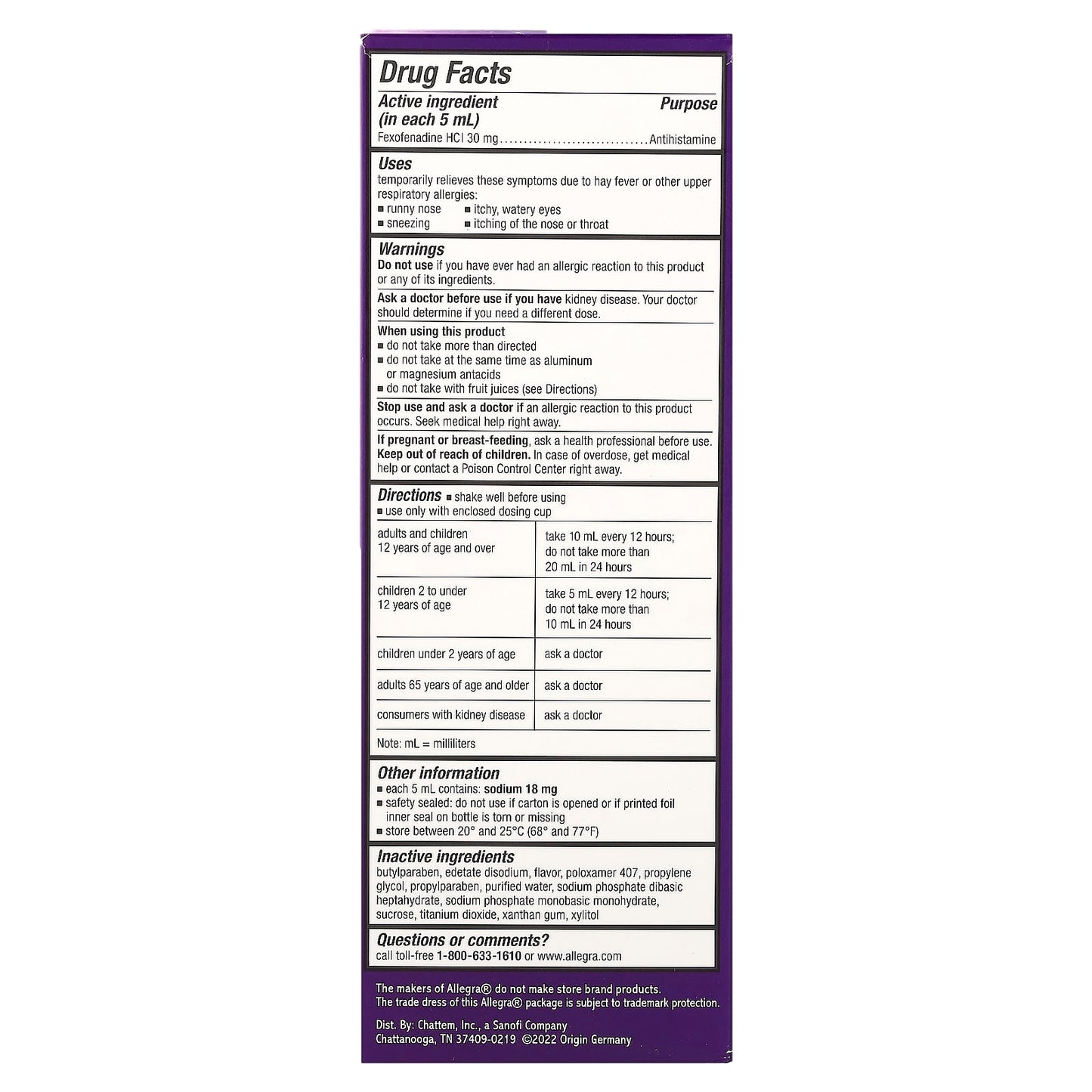 Allegra 12 Hour Children's Allergy Relief Berry Liquid, 30 mg, 8 fl oz - Image 2