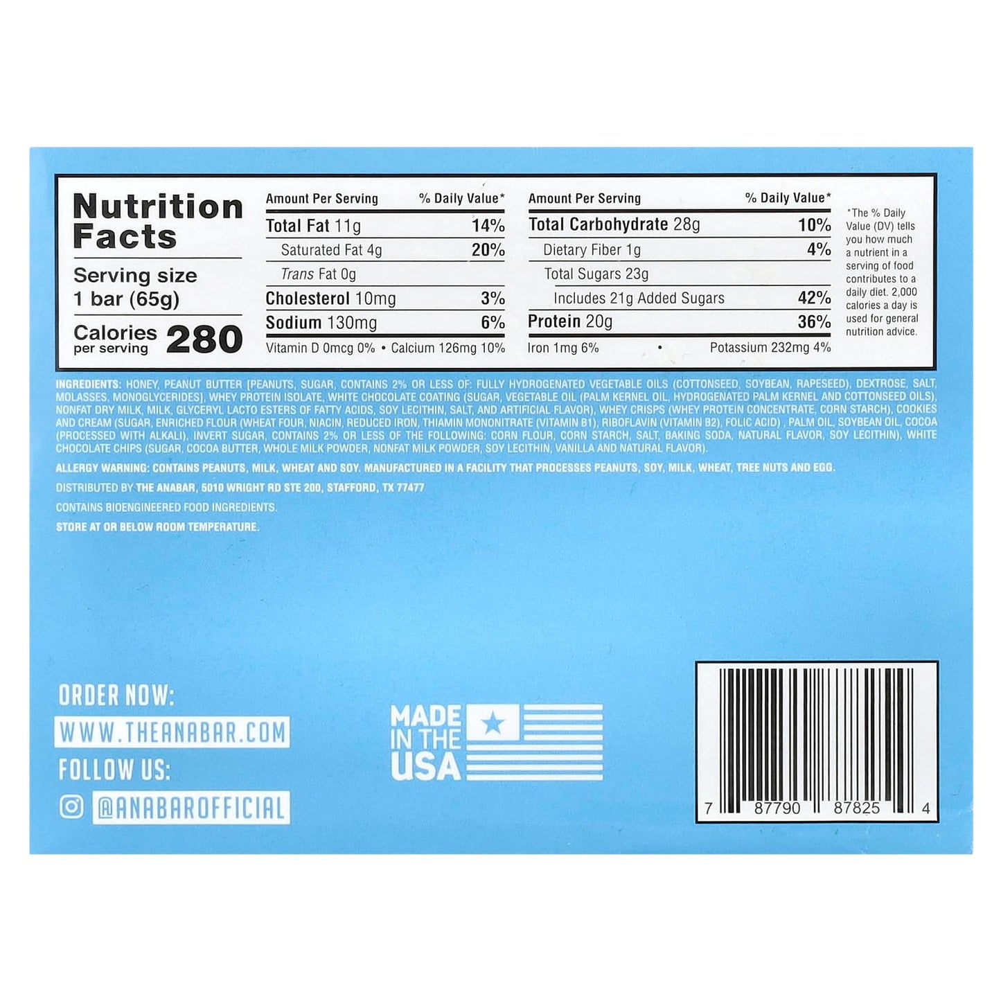 The Anabar, The Protein-Packed Candy Bar®, White Chocolate Cookies & Cream, 12 Bars, 2.29 oz (65 g) Each