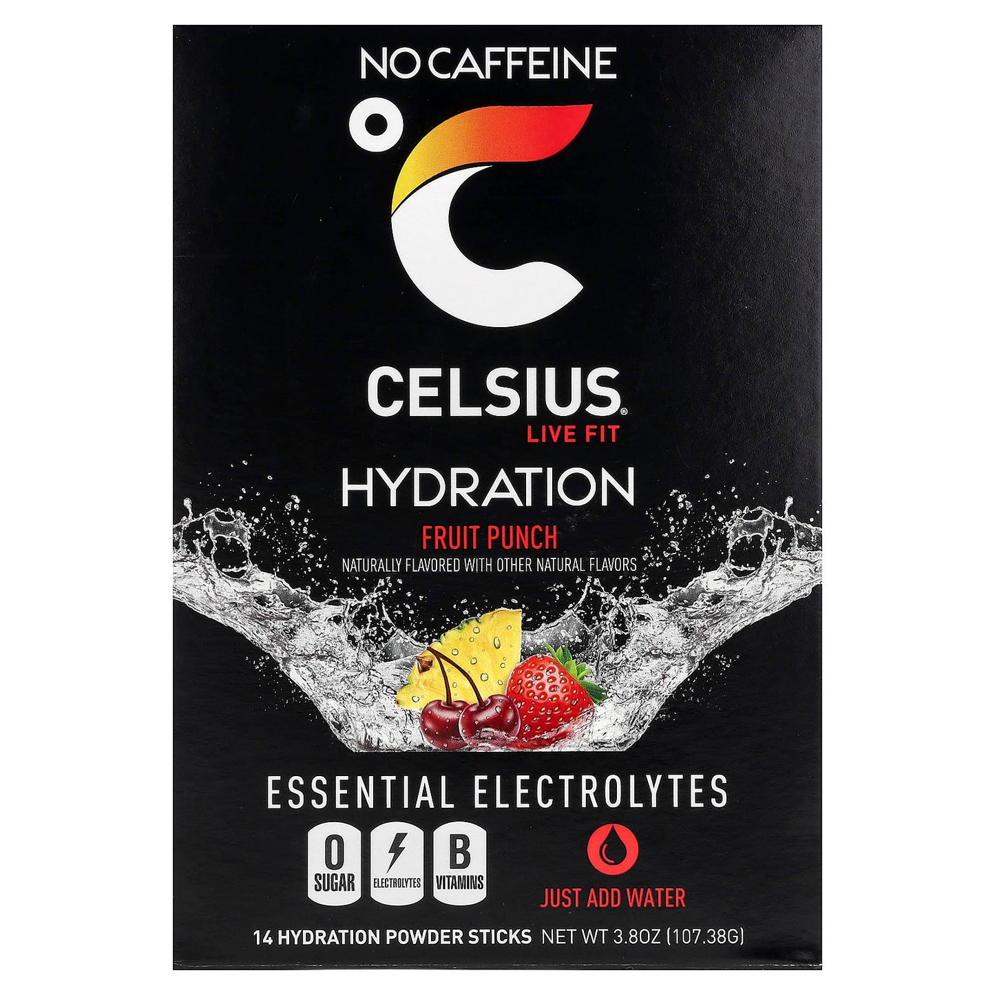 Celsius, Live Fit, Hydration, Essential Electrolytes, No Caffeine, Fruit Punch, 14 Hydration Powder Sticks, 0.27 oz (7.76 g) Each