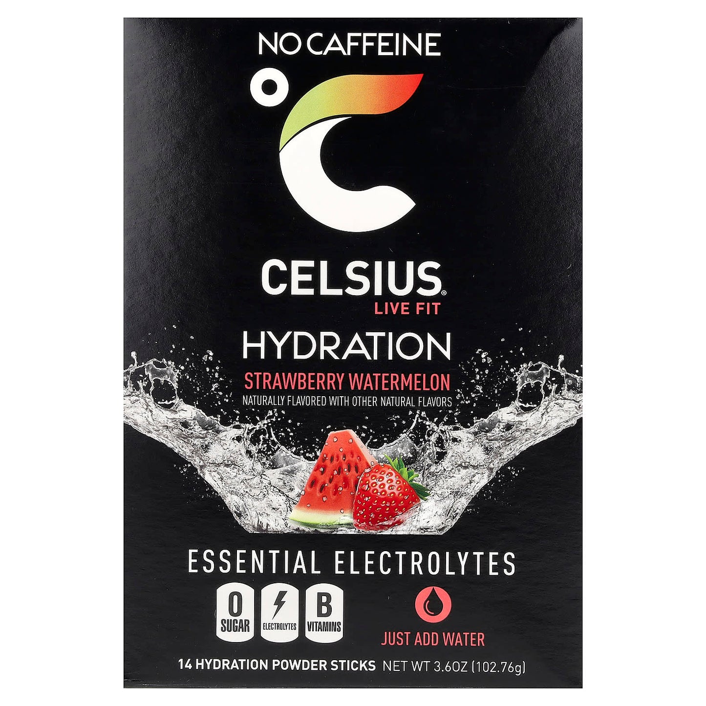 Celsius, Live Fit, Hydration, Essential Electrolytes, No Caffeine, Strawberry Watermelon, 14 Hydration Powder Sticks, 0.26 oz (7.28 g) Each