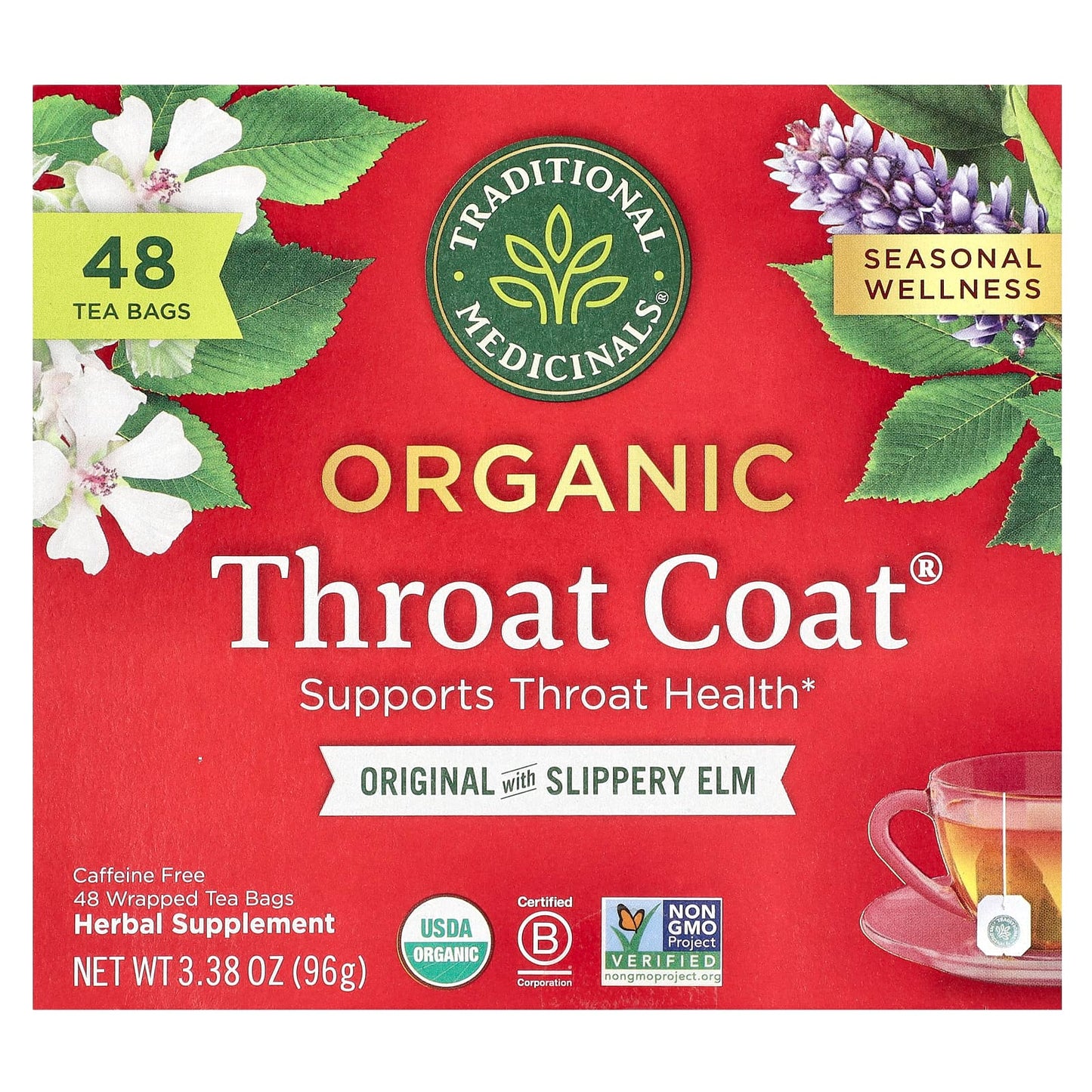 Traditional Medicinals, Organic Throat Coat®, Original with Slippery Elm, Caffeine Free, 48 Wrapped Tea Bags, 3.38 oz (96 g) - Image 1