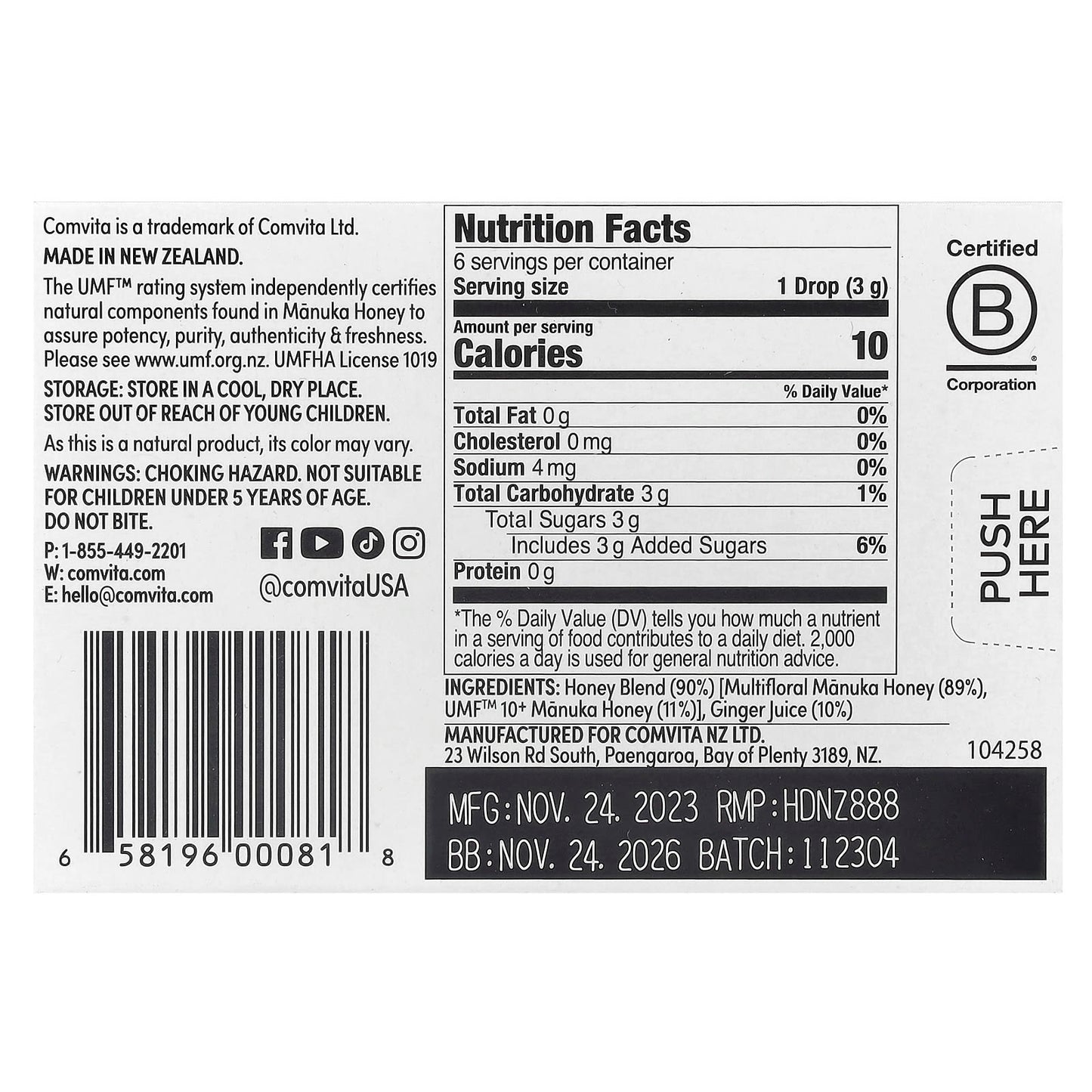 Comvita Manuka Honey Drops with Ginger, 10+ UMF - 6 Drops, 0.63 oz - Image 2