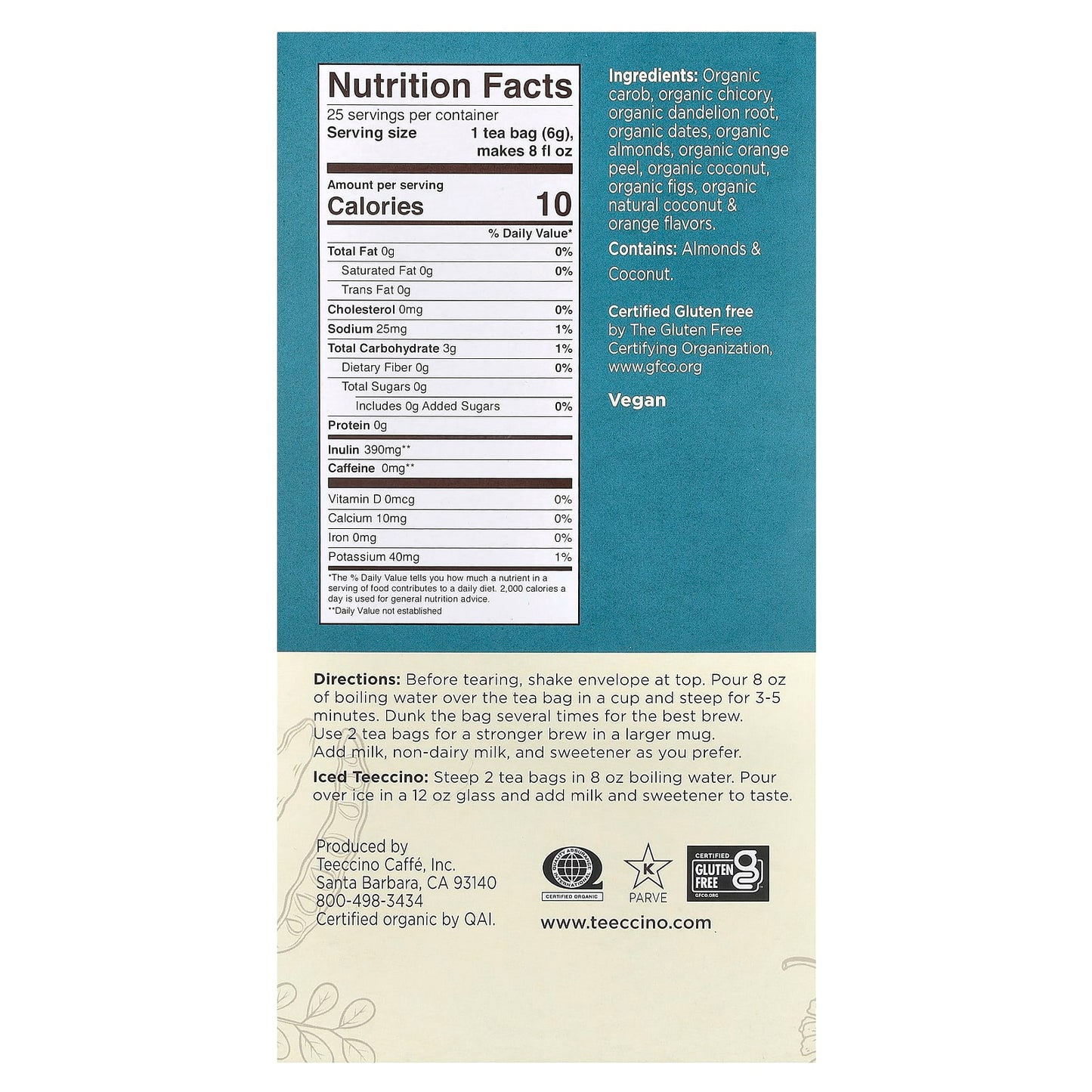 Teeccino, Roasted Herbal Tea, Dandelion Coconut, Caffeine Free, 25 Tea Bags, 5.3 oz (150 g) - Image 2