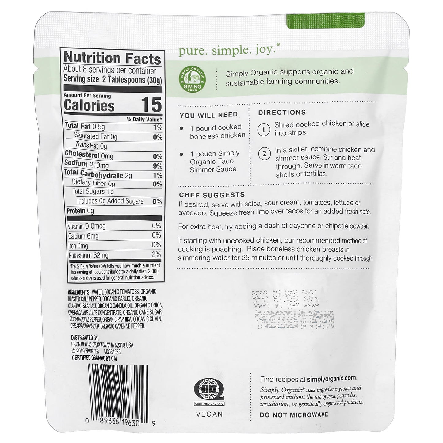 Simply Organic, Mild Taco Simmer Sauce For Chicken, 8 oz (227 g) - Image 2