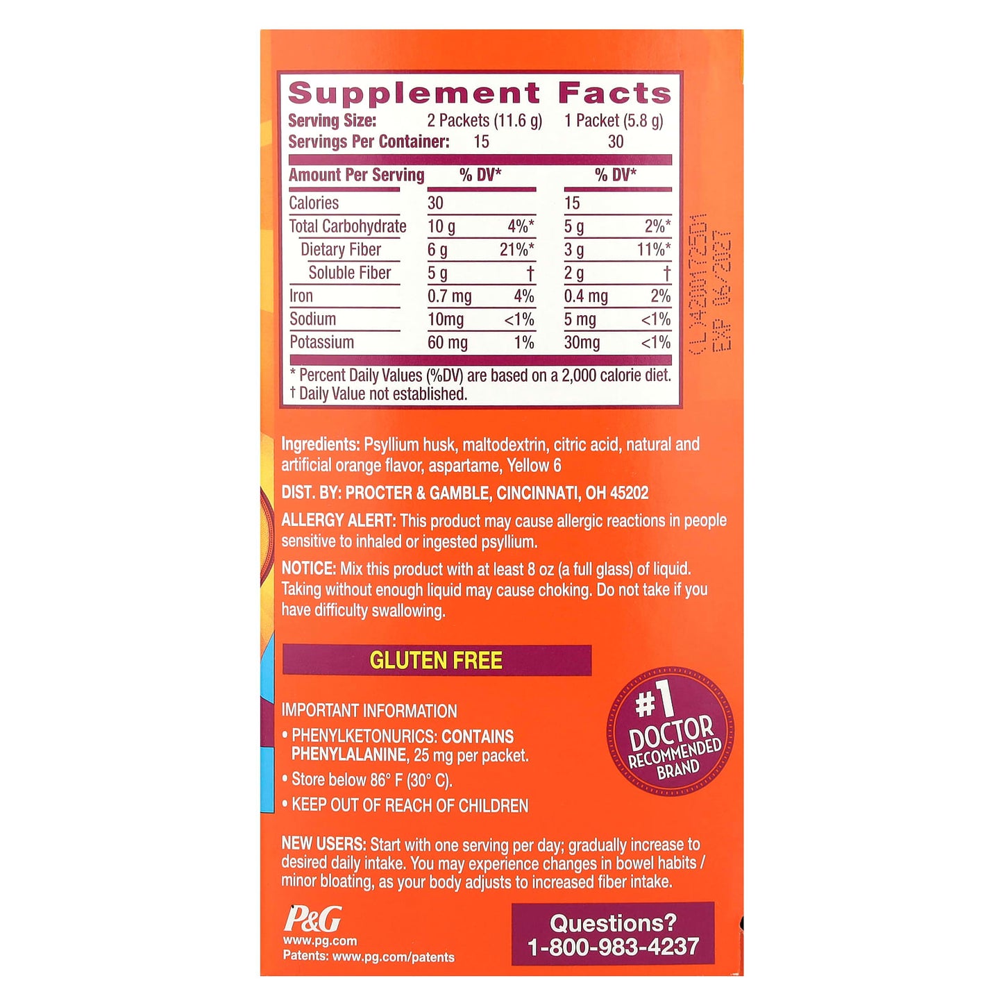 Metamucil, On-The-Go, 4-in-1 Fiber, Orange, Sugar Free, 30 Powder Packets, 0.21 oz (5.8 g) Each