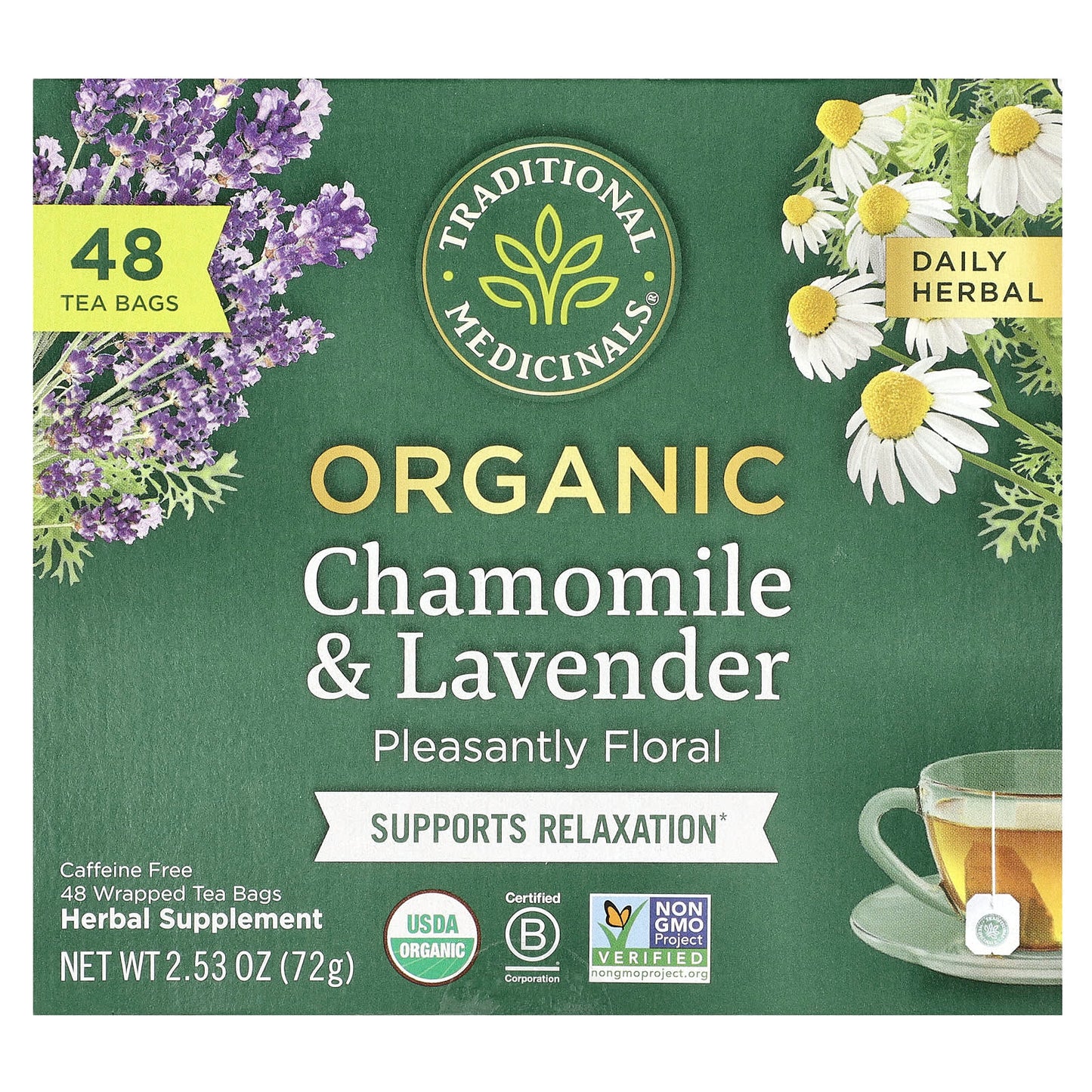 Traditional Medicinals, Herbal Tea, Organic Chamomile & Lavender, Caffeine Free, 48 Wrapped Tea Bags, 2.53 oz (72 g) - Image 1