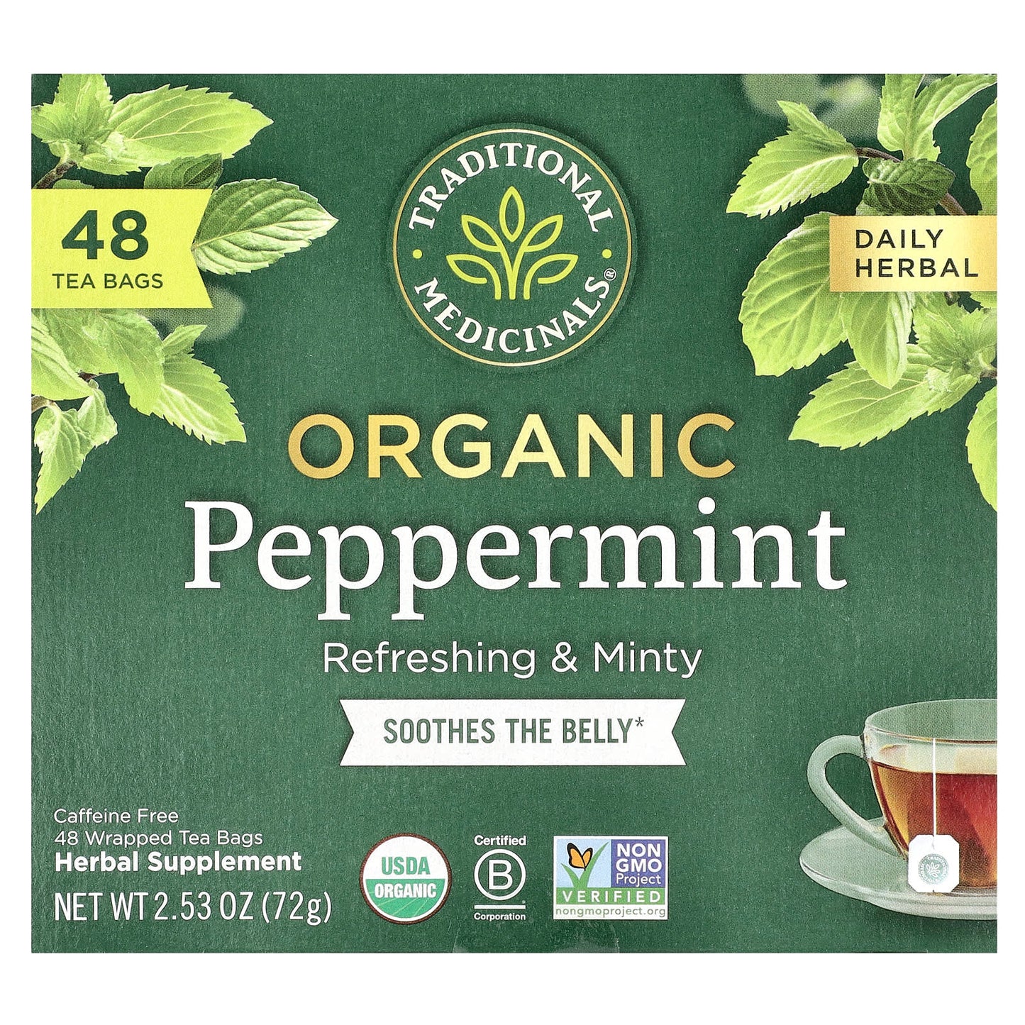 Traditional Medicinals, Herbal Tea, Organic Peppermint, Caffeine Free , 48 Tea Bags, 2.53 oz (72 g) - Image 1