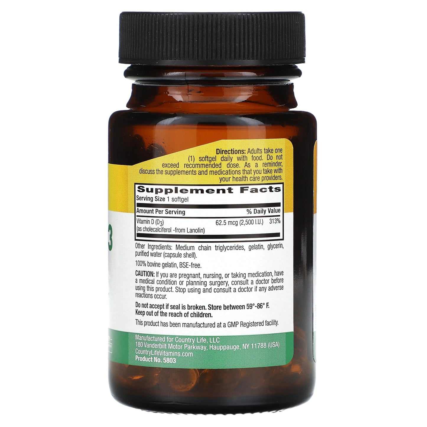 Country Life Vitamin D3 62.5 mcg (2,500 IU) 60 Softgels - Non-GMO & Gluten-Free - Image 2