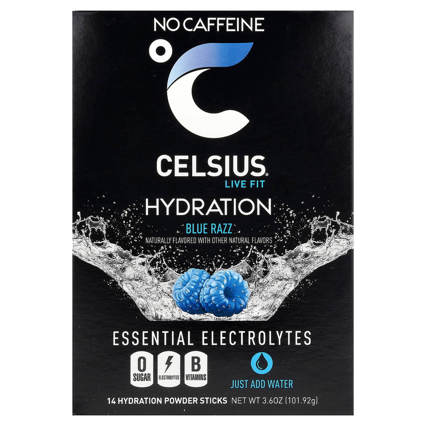 Celsius, Live Fit, Hydration, Essential Electrolytes, No Caffeine, Blue Razz, 14 Hydration Powder Sticks, 0.26 oz (7.28 g) Each