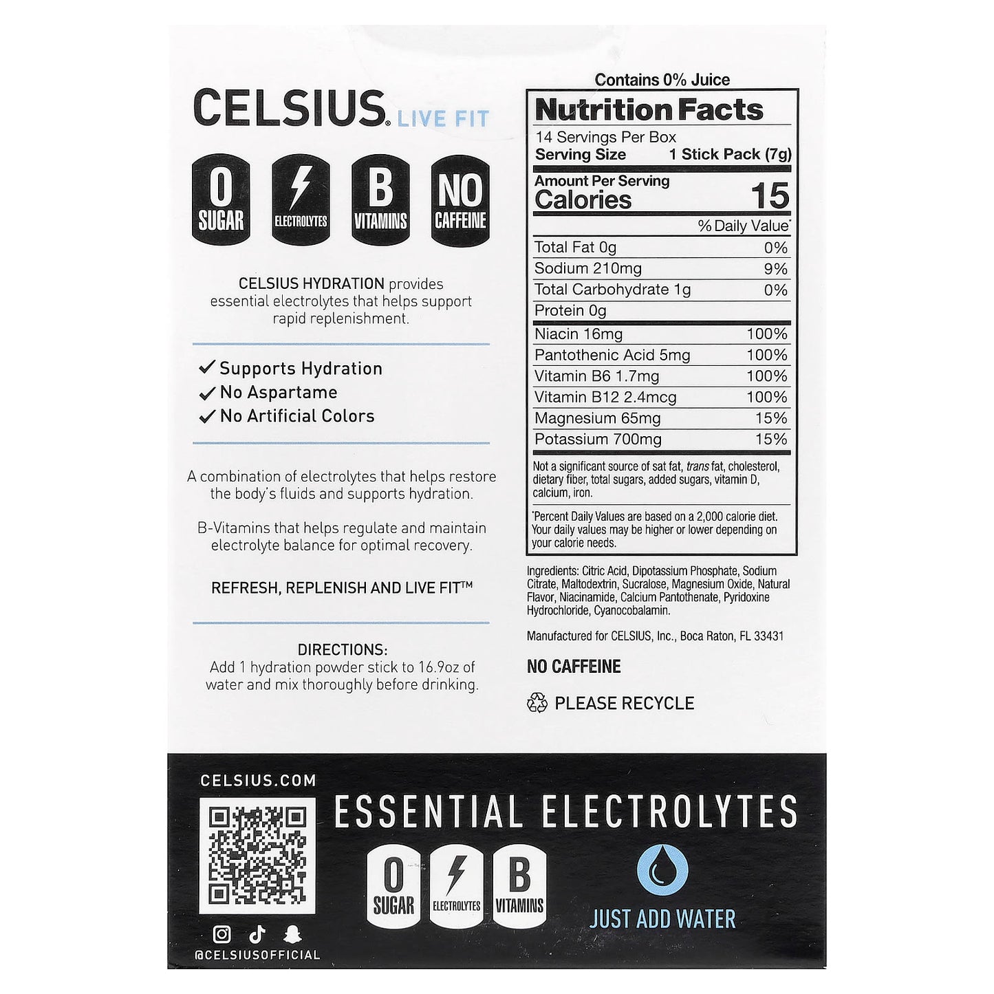 Celsius, Live Fit, Hydration, Essential Electrolytes, No Caffeine, Arctic Cherry, 14 Powder Sticks, 0.26 oz (7.43 g) Each