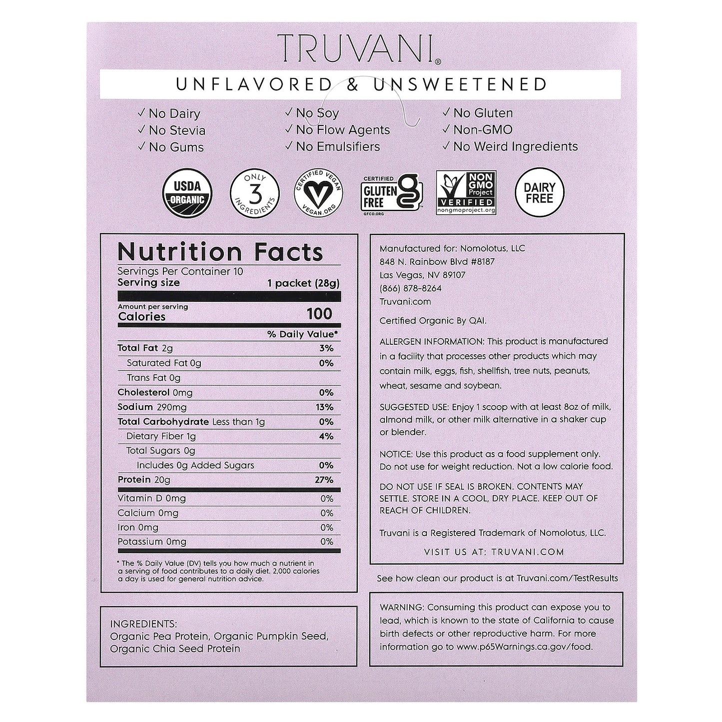Truvani, Plant Based Protein, Unflavored & Unsweetened, 10 Packs, 0.99 oz (28 g) Each - Image 2