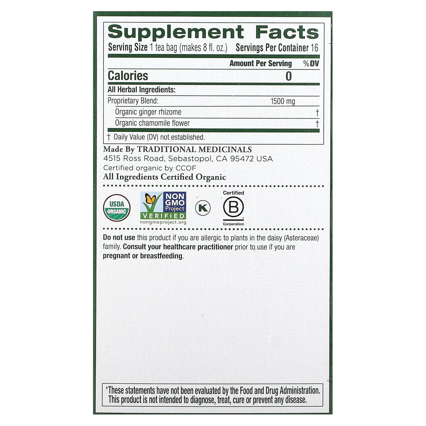 Traditional Medicinals, Herbal Teas, Organic Ginger with Chamomile, Caffeine Free, 16 Wrapped Tea Bags, 0.85 oz (24 g) - Image 2