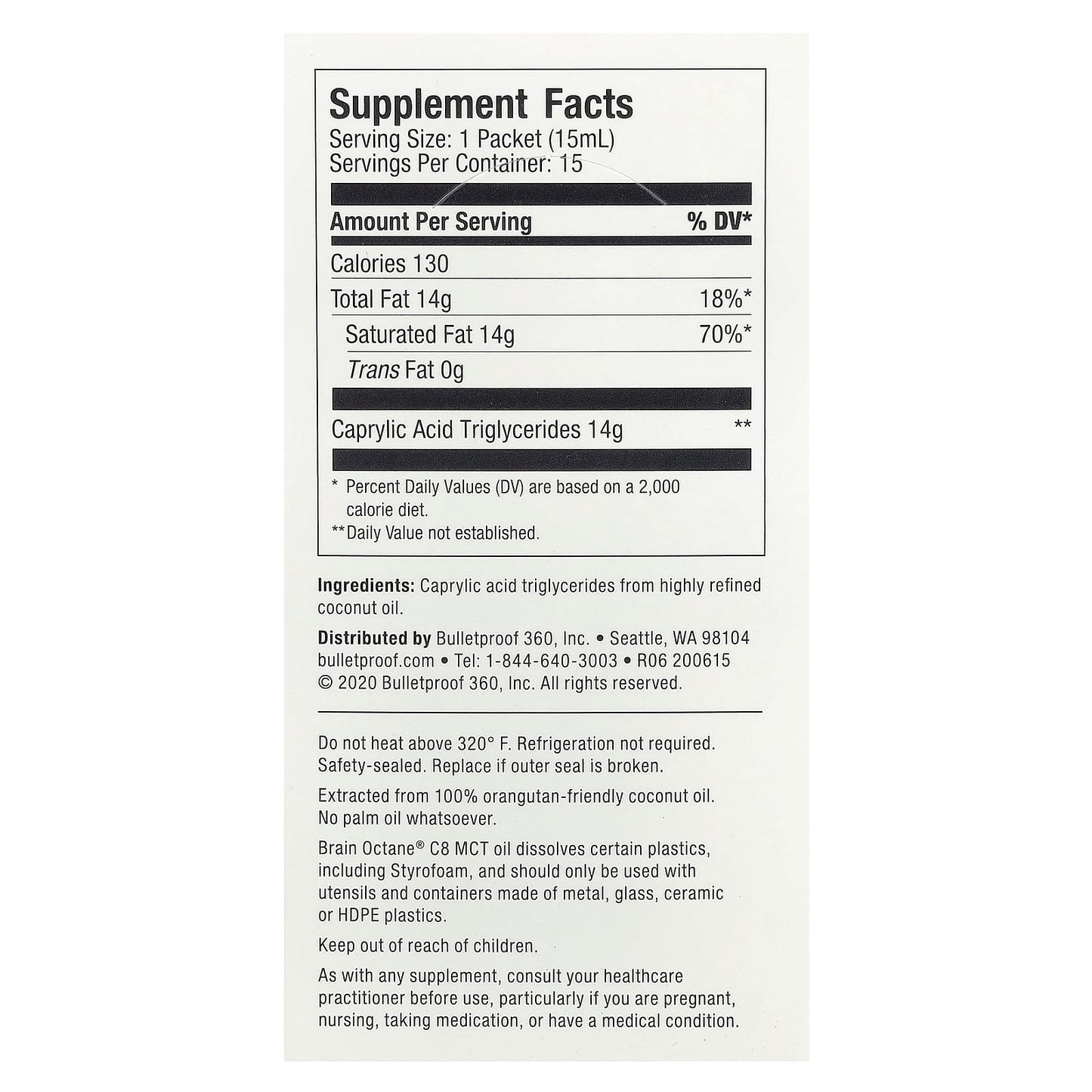 BulletProof, Brain Octane® C8 MCT Oil , 15 Packets, 0.5 fl oz (15 ml) Each